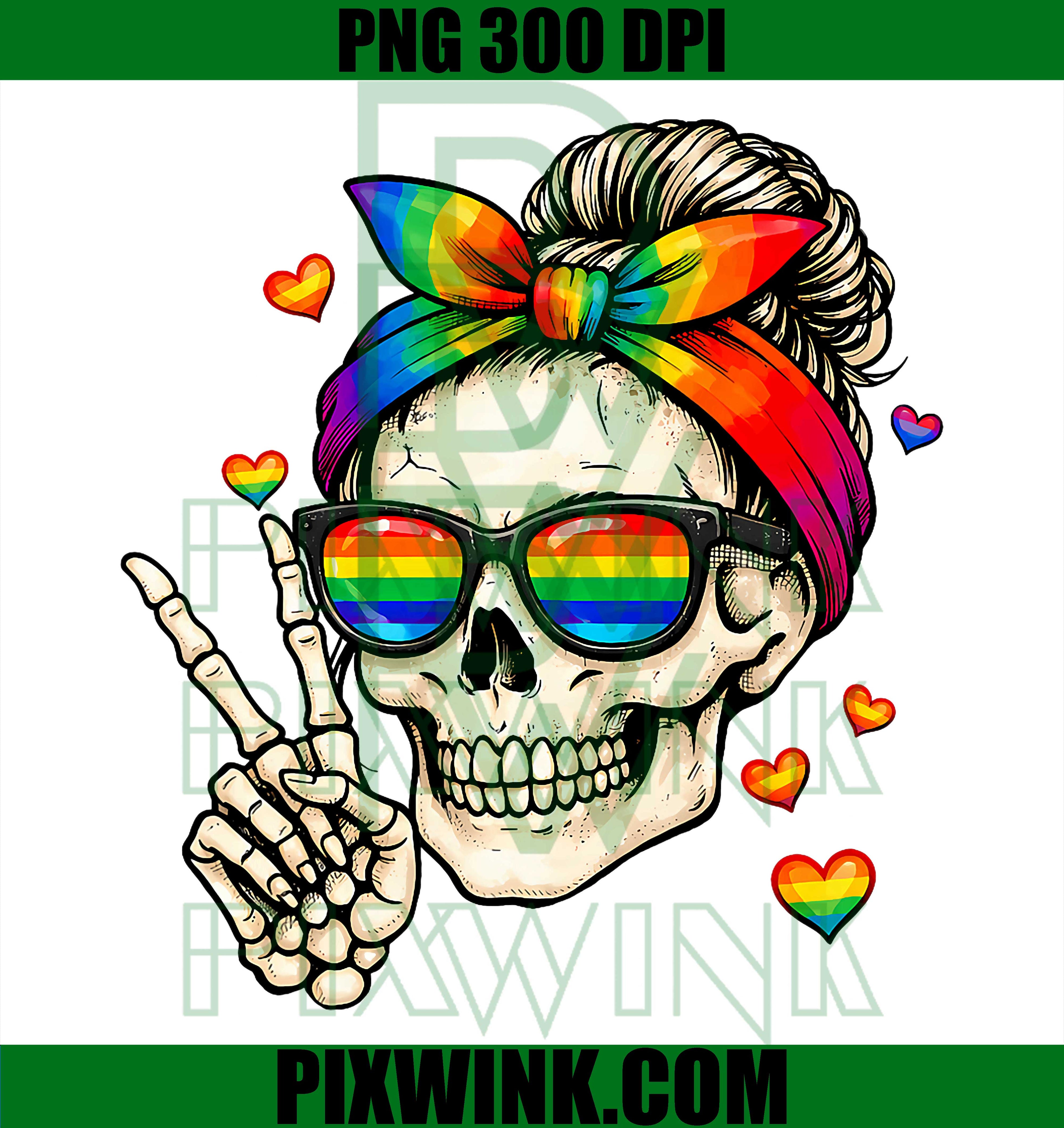 Messy Bun Skull Rainbow Pride PNG, LGBT Gay Flag Retro Design PNG