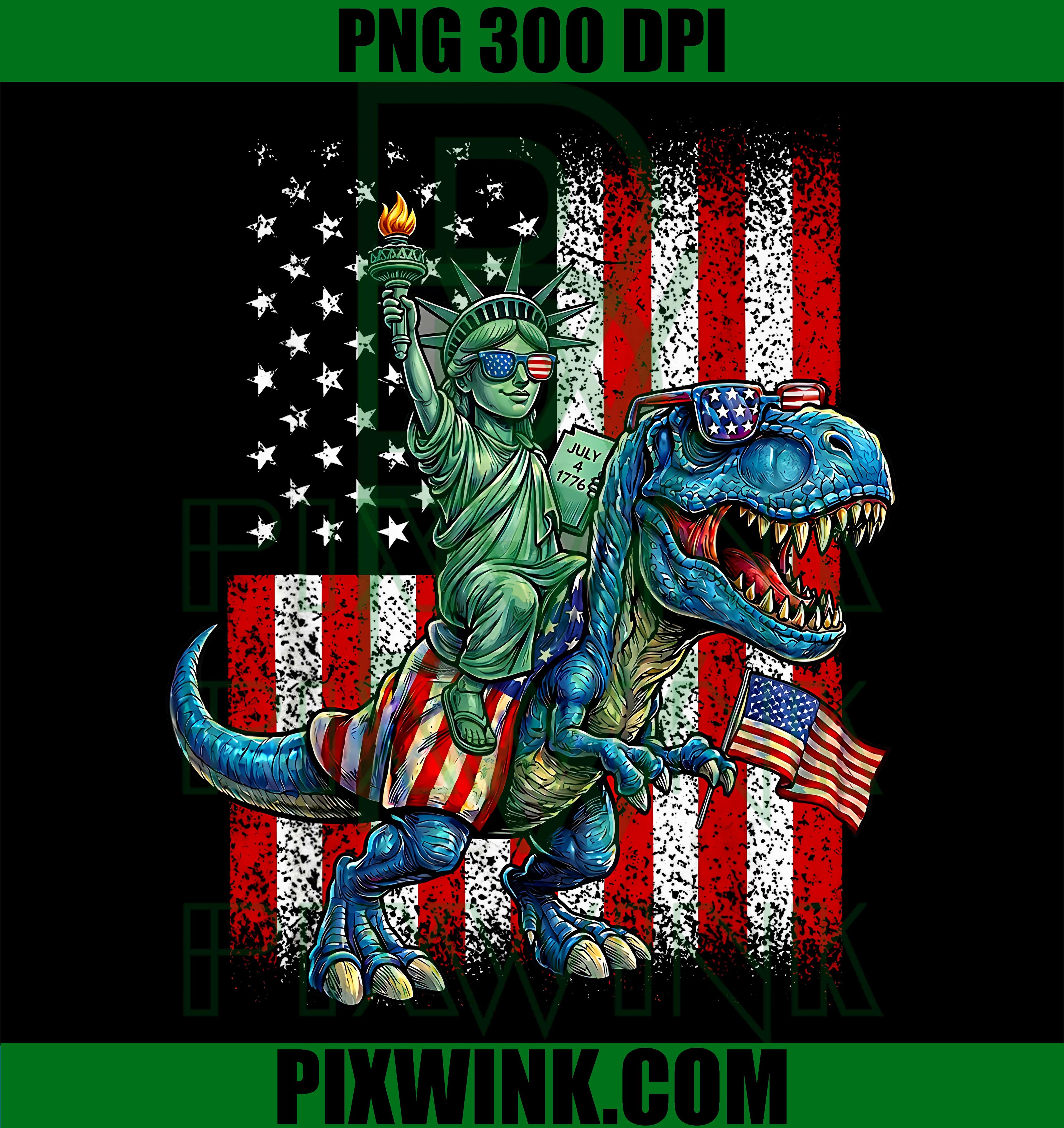 Dino Statue Liberty PNG, 4th July American Flag Kids PNG