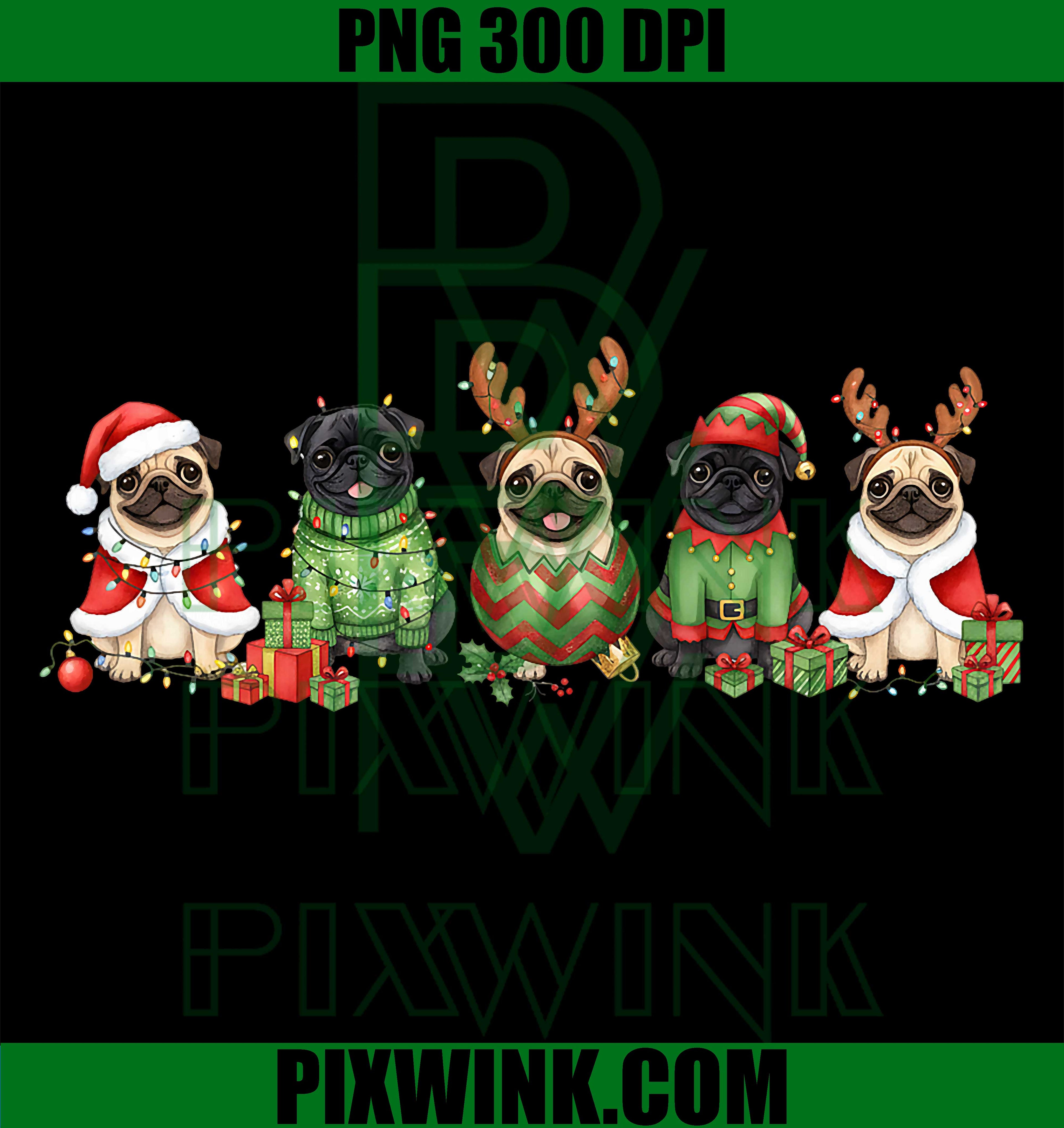 Pug Dogs Christmas Lights, Pugmas Santa Dog Lover Gifts PNG