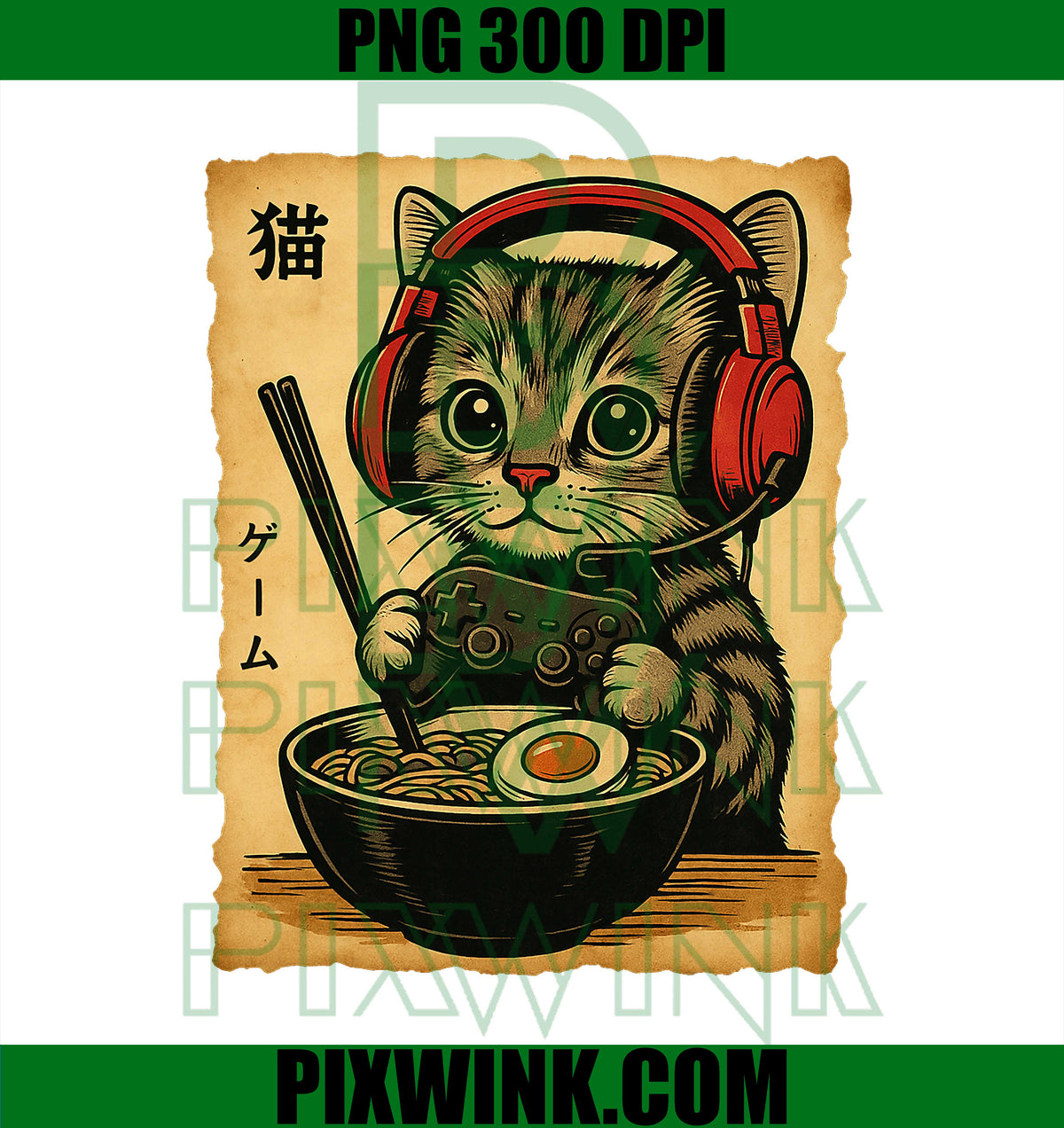 Retro Kawaii Gamer Cat PNG, Funny Ramen Cute Japanese Cats Gaming PNG
