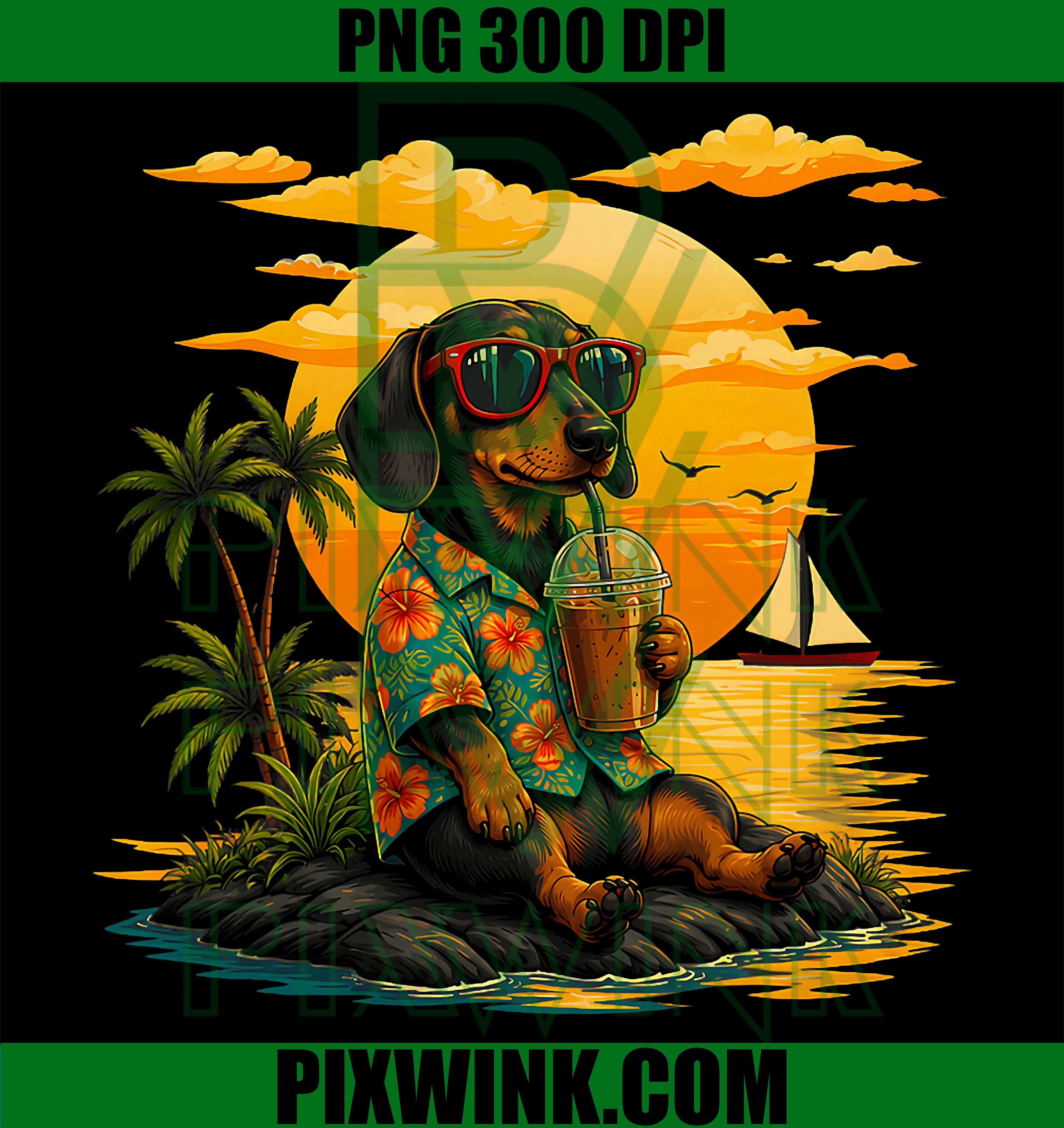 Funny Dachshund Coffee PNG, Hawaiian Dog Meme Sunglasses PNG