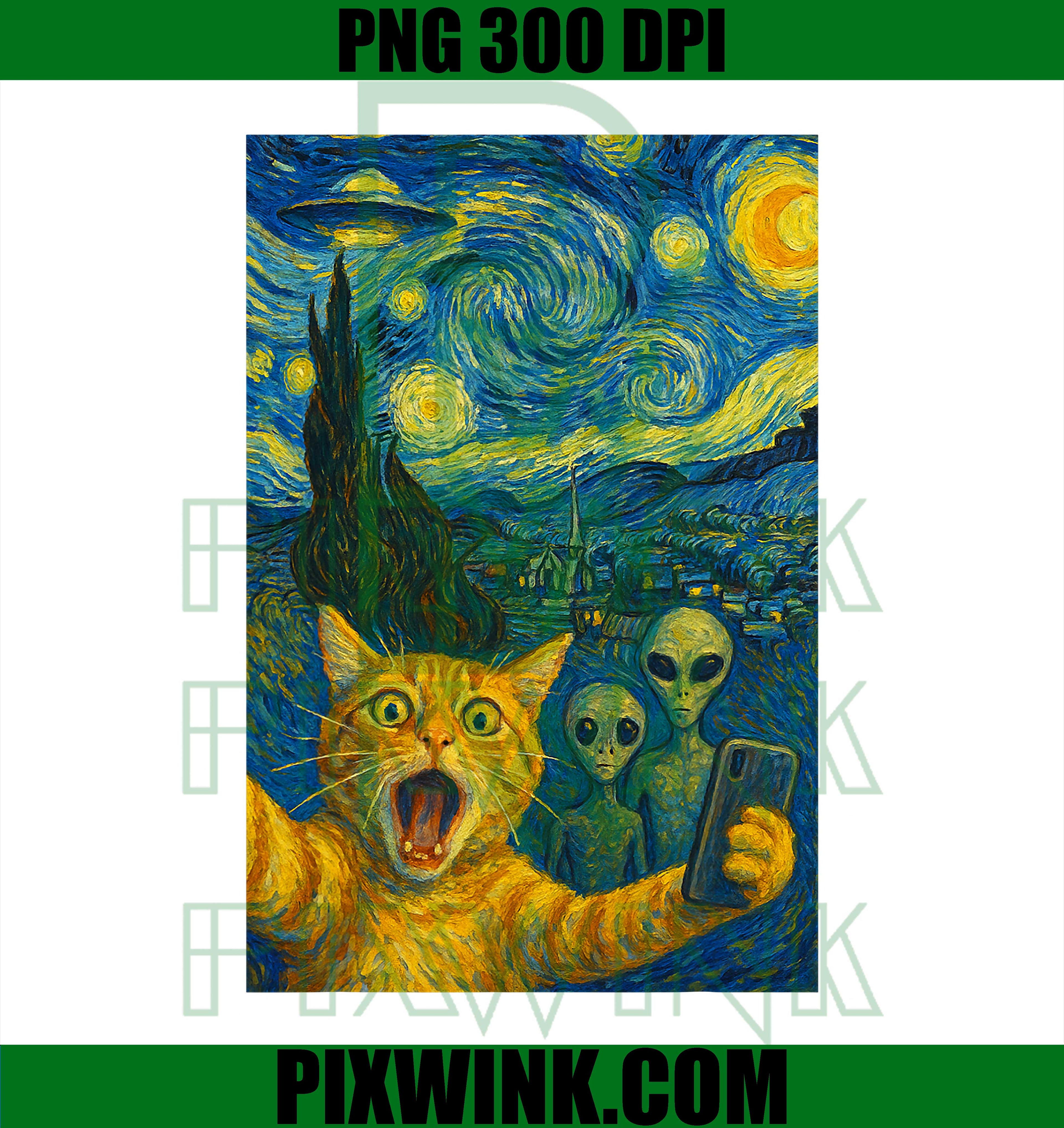 Surprised Cat Selfie UFO Aliens Cosmic Night Van Gogh Sky PNG