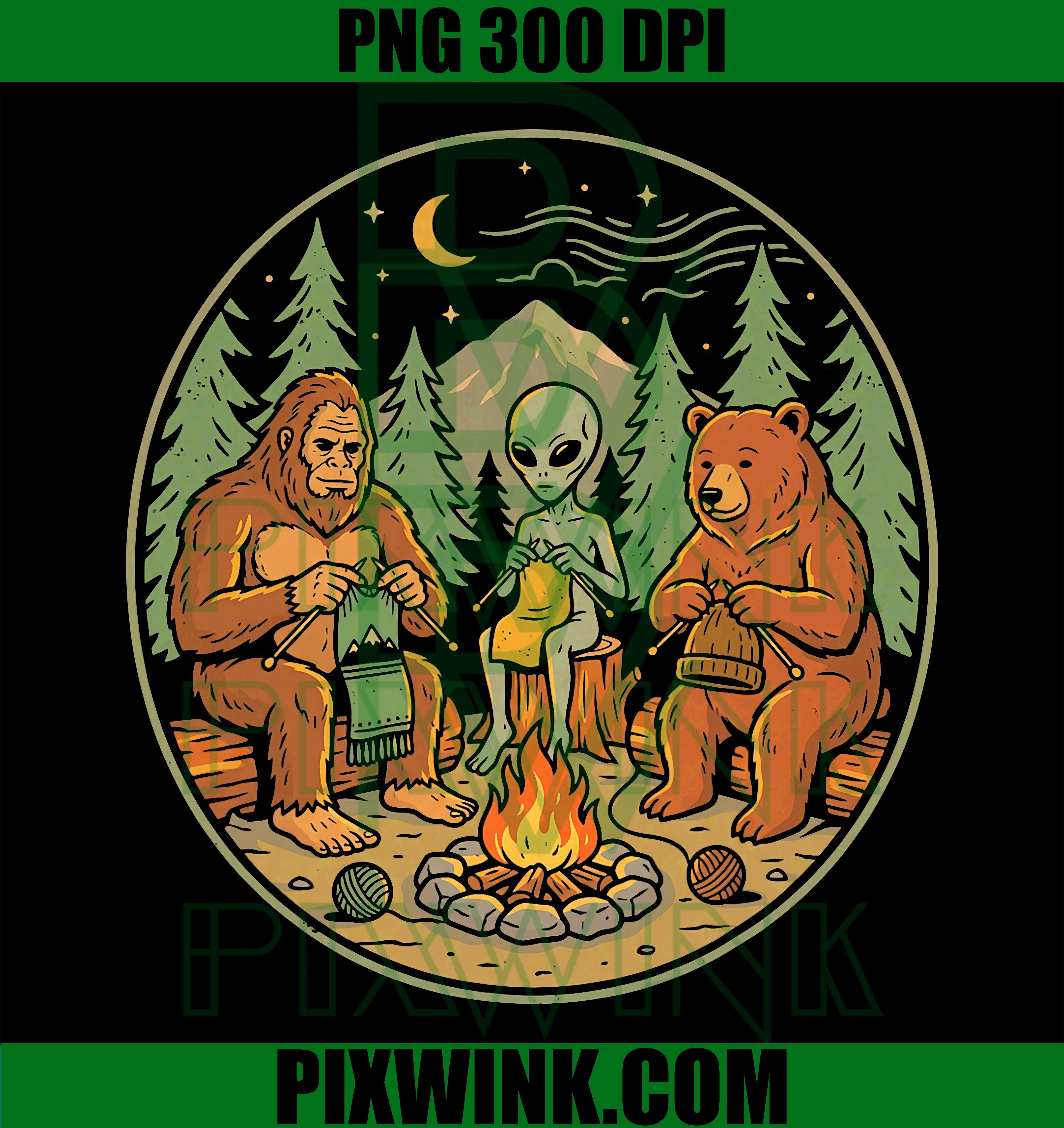 Campfire Knitting Friends PNG, Bigfoot Alien Bear PNG