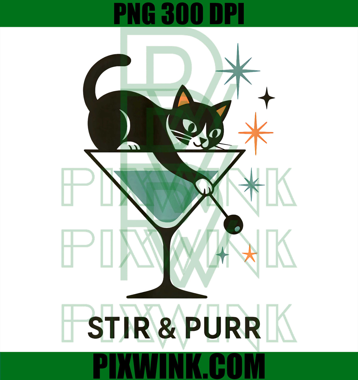 Stir and Purr Retro, Tuxedo Cat Cocktail PNG, Vintage Style PNG