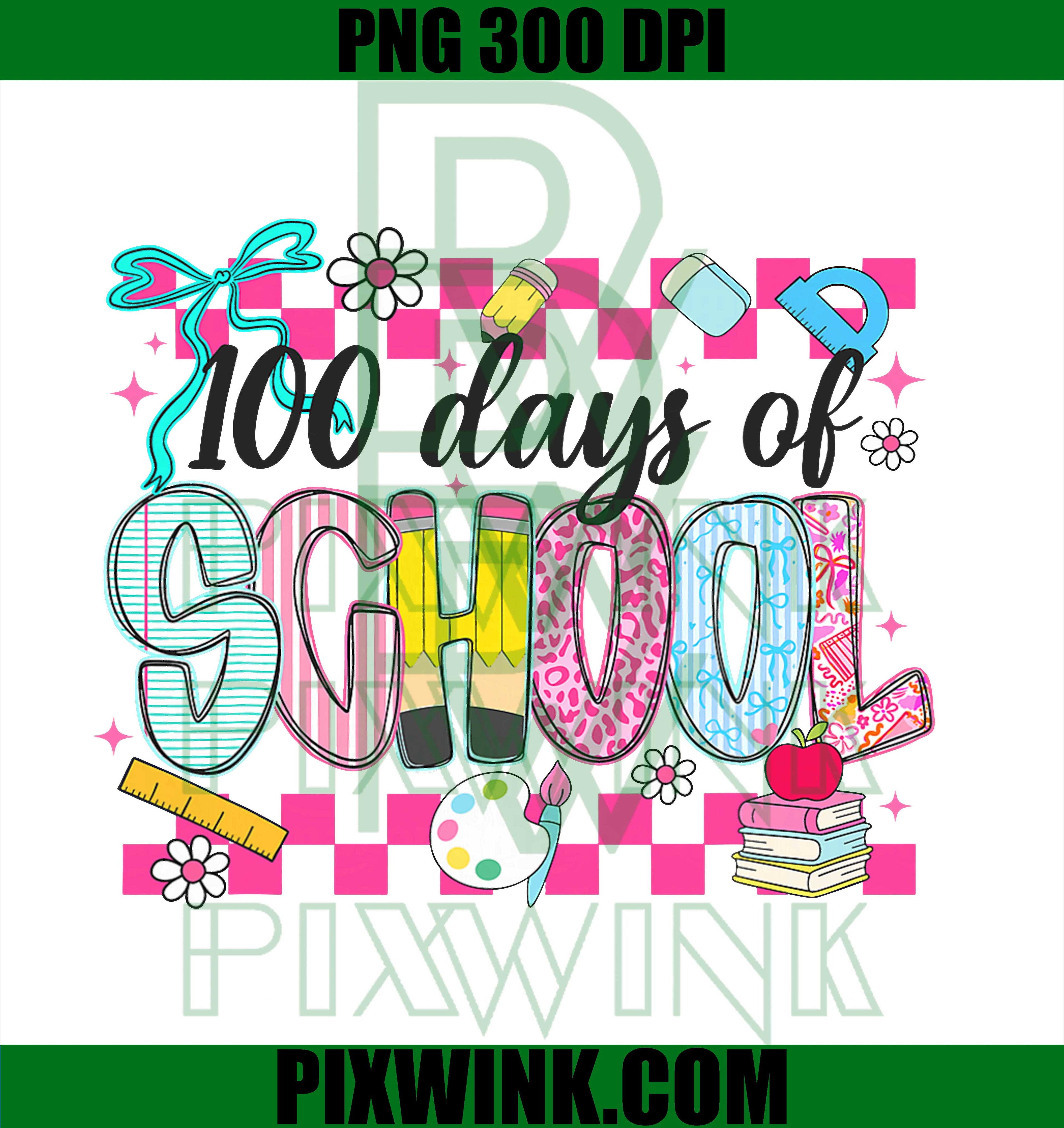 Checkered 100 Days of School PNG, Bow 100th Day of School PNG