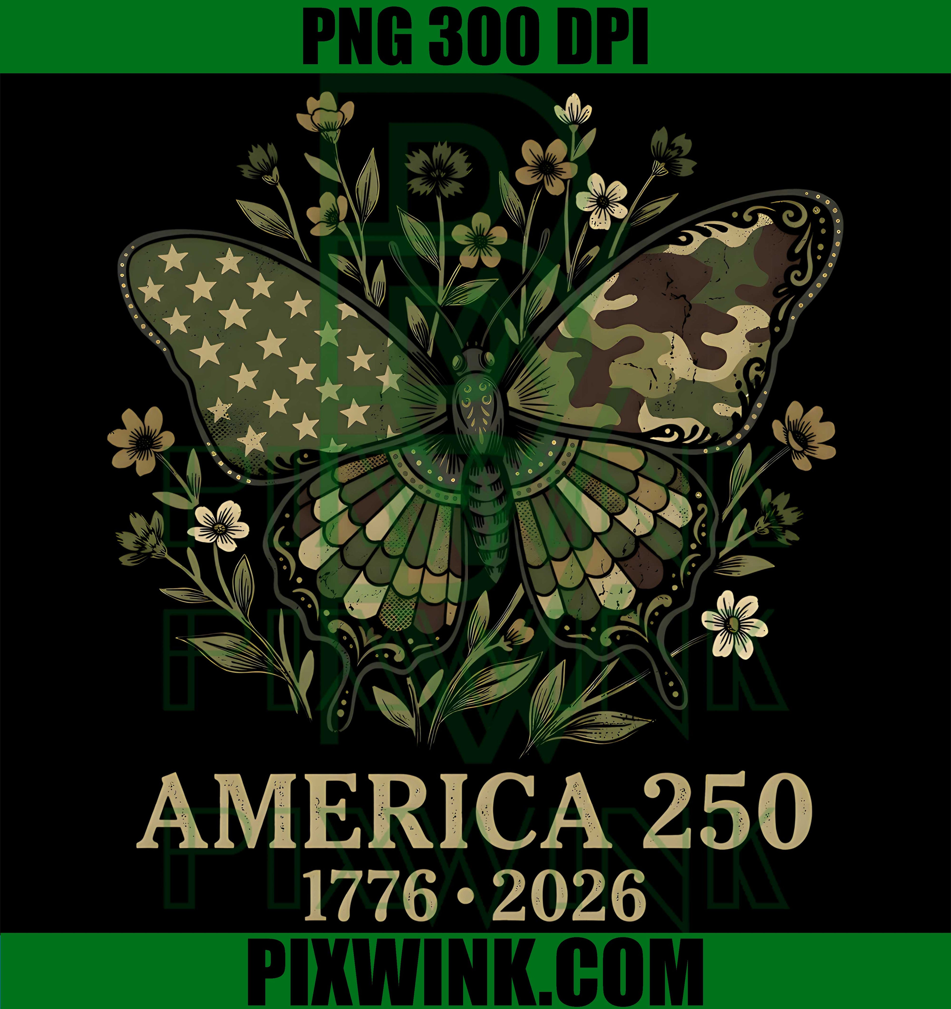 America 250th Camo Butterfly PNG, 1776 2026 PNG, Patriotic Anniversary PNG