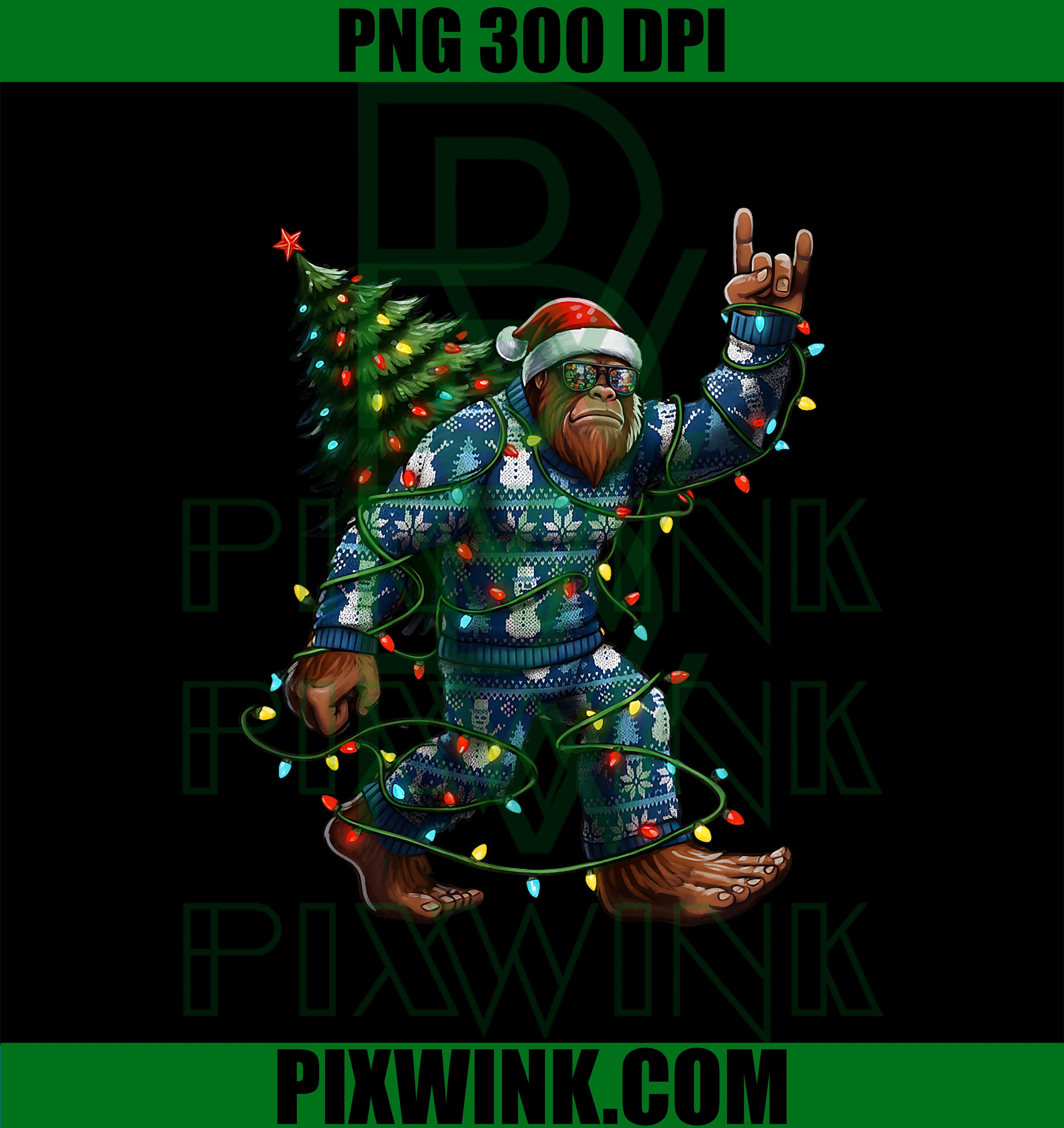 Bigfoot Sasquatch Christmas Tree Santa Hat Lights PNG, Bigfoot Christmas PNG, Xmas Lights Funny Sasquatch PNG
