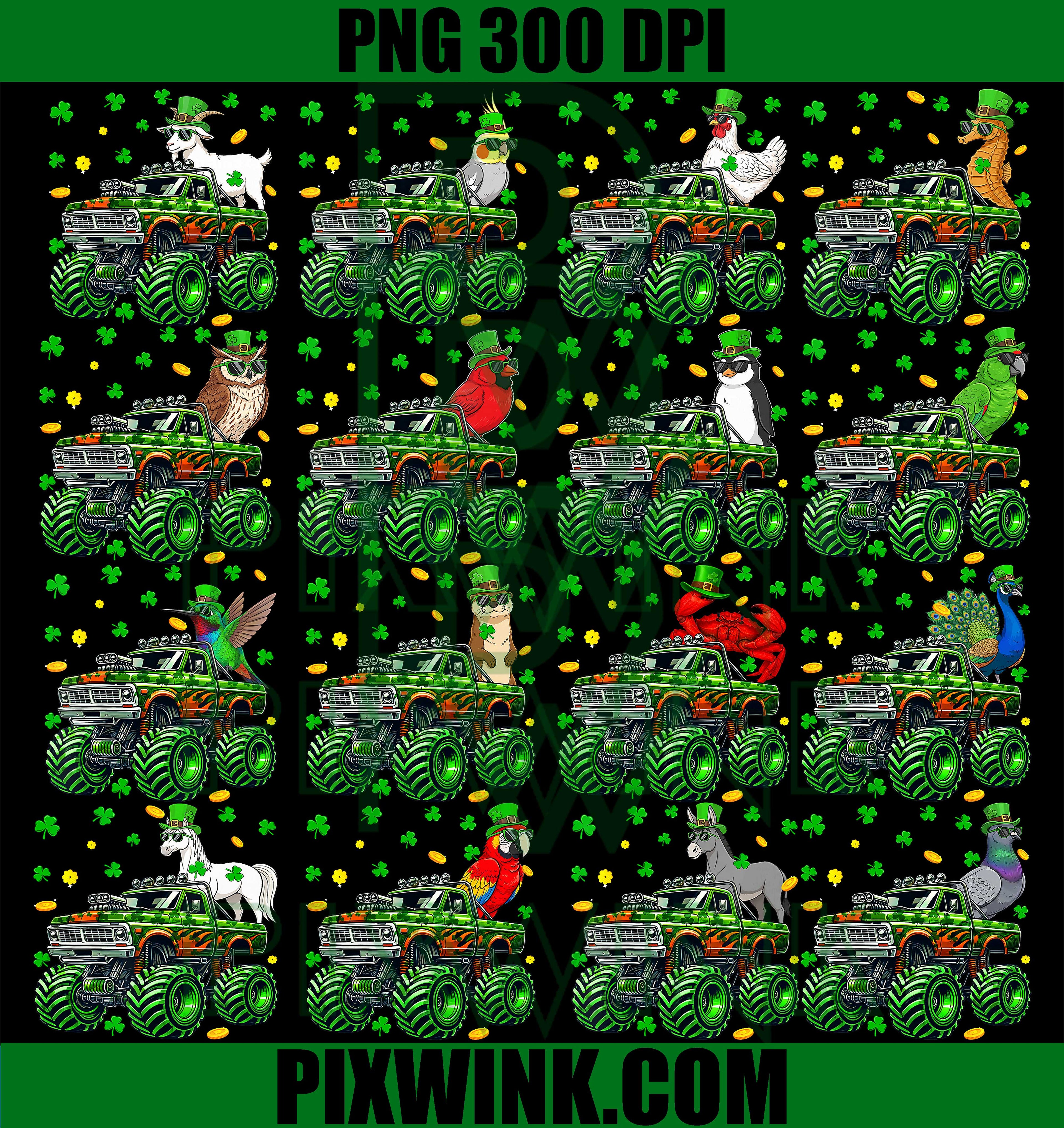 St Patrick’s Day Monster Truck PNG Bundle, Funny Animal Truck PNG