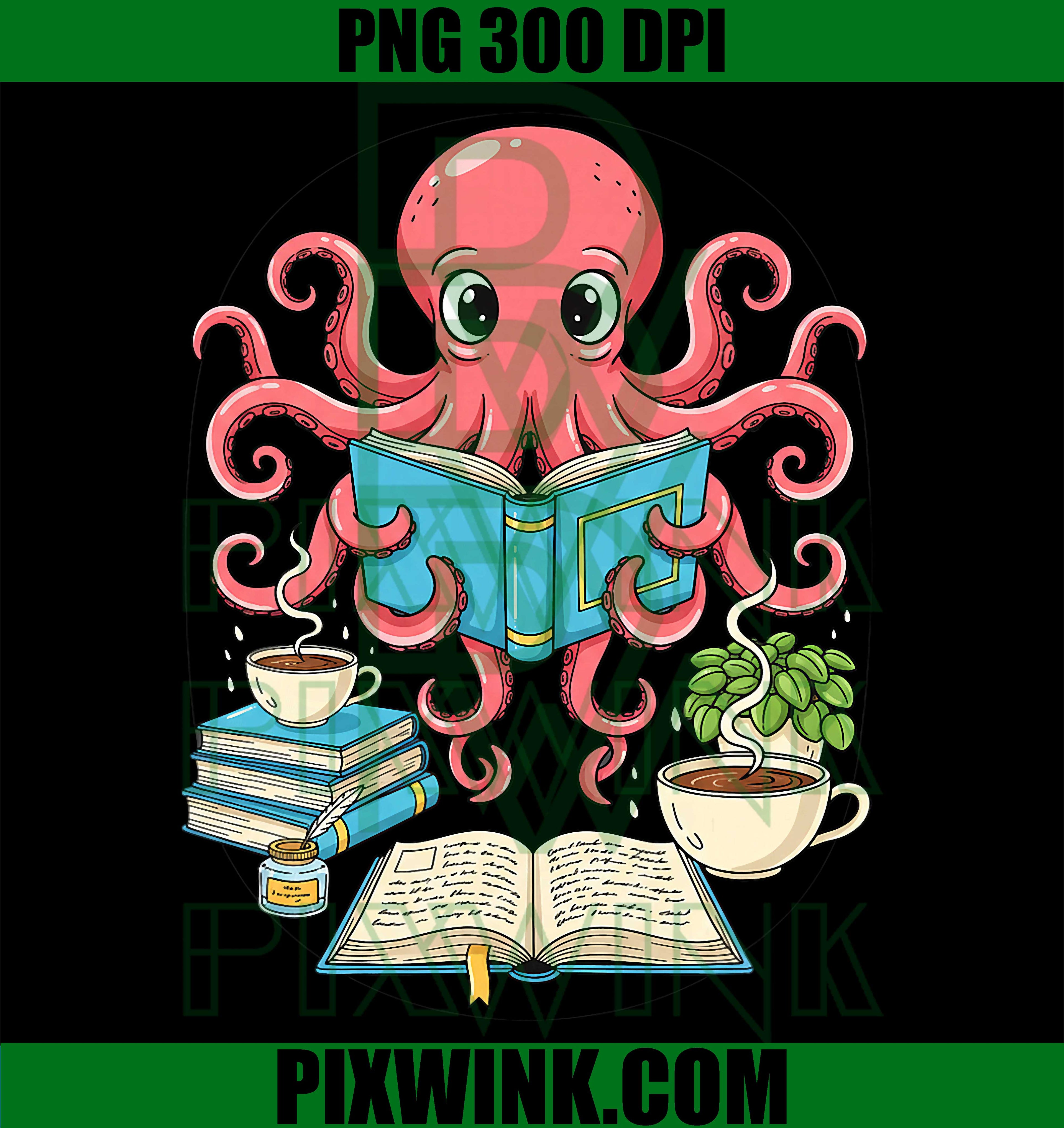 Bookish Octopus Reading Books PNG, Coffee Literary Lover Octopus PNG