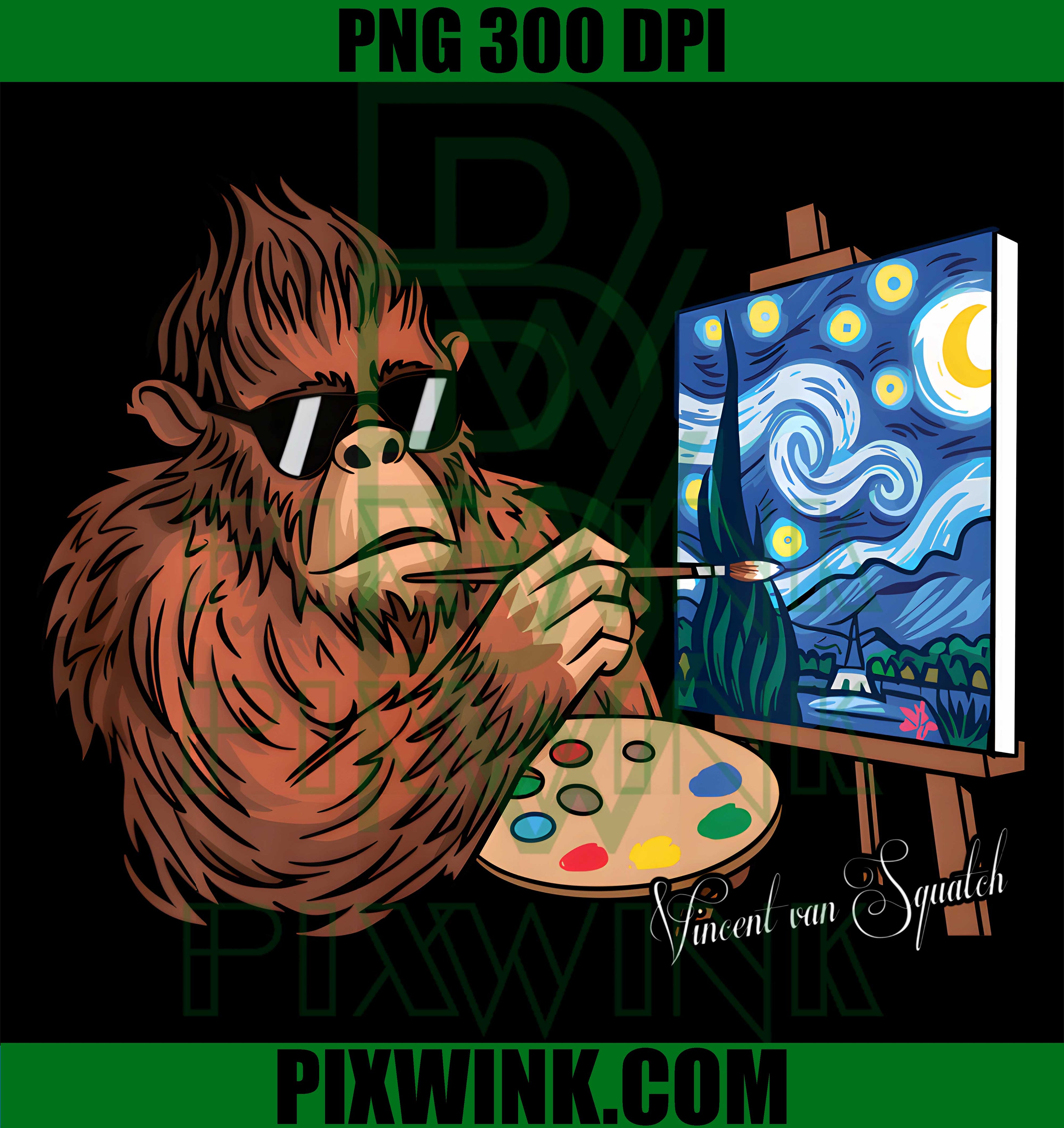 Funny Bigfoot Sasquatch Van Gogh PNG, Starry Night Meme Graphic PNG