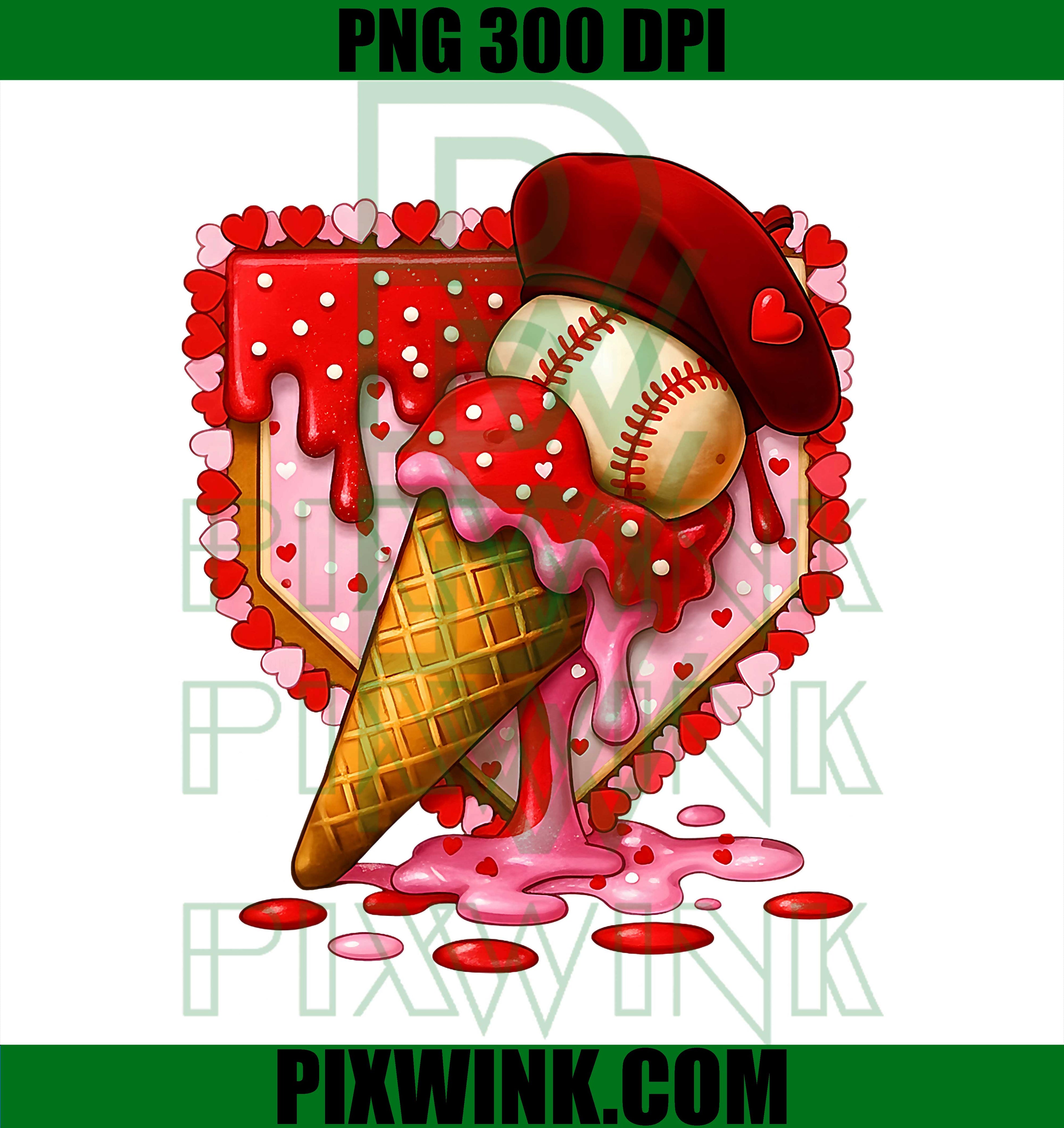 Baseball Heart Valentine, Baseball Ice Cream Drip Boys Girls PNG