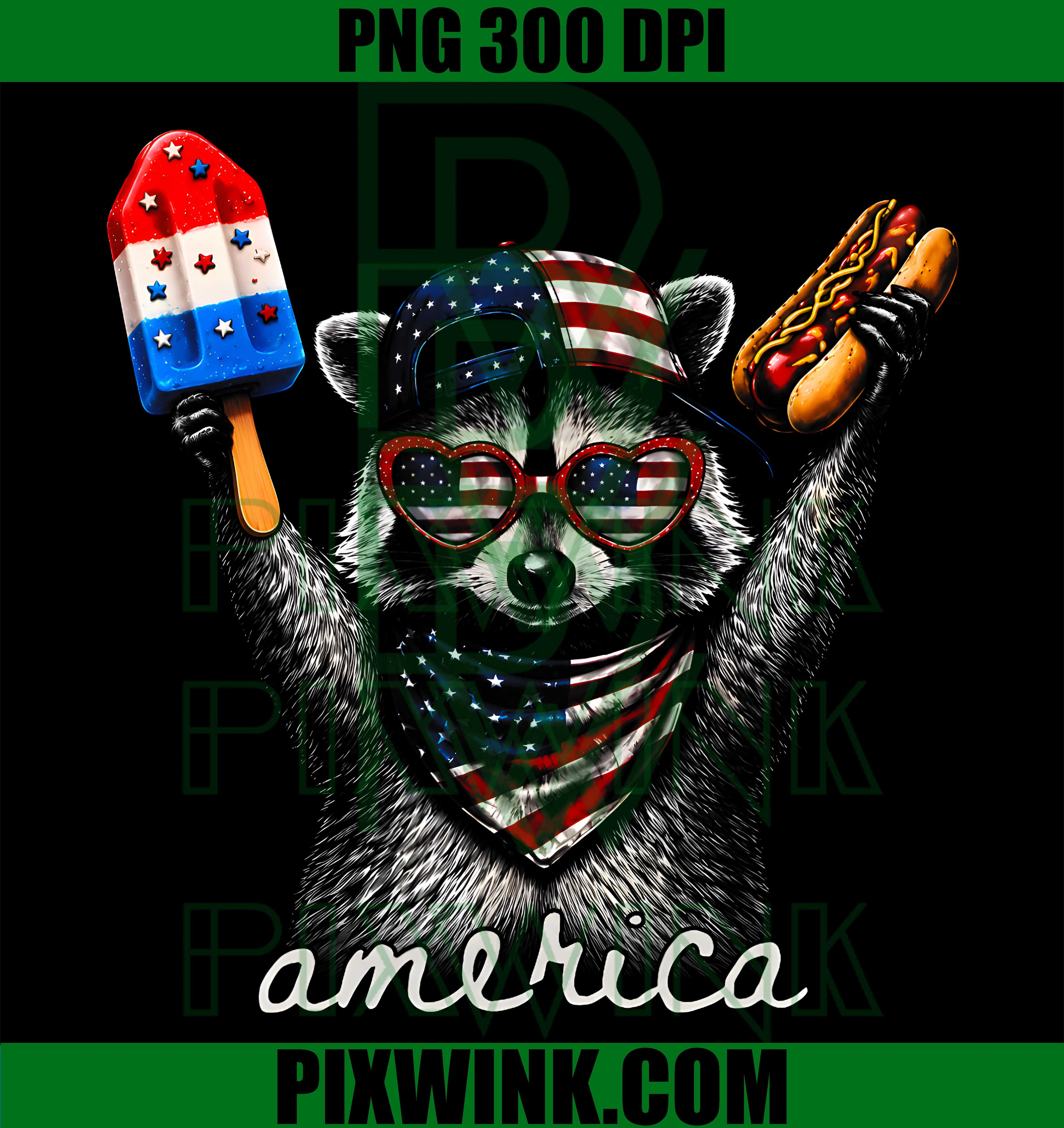 America Raccoon Ice Cream PNG, Hot Dog 1776 2026 PNG, 4th of July PNG