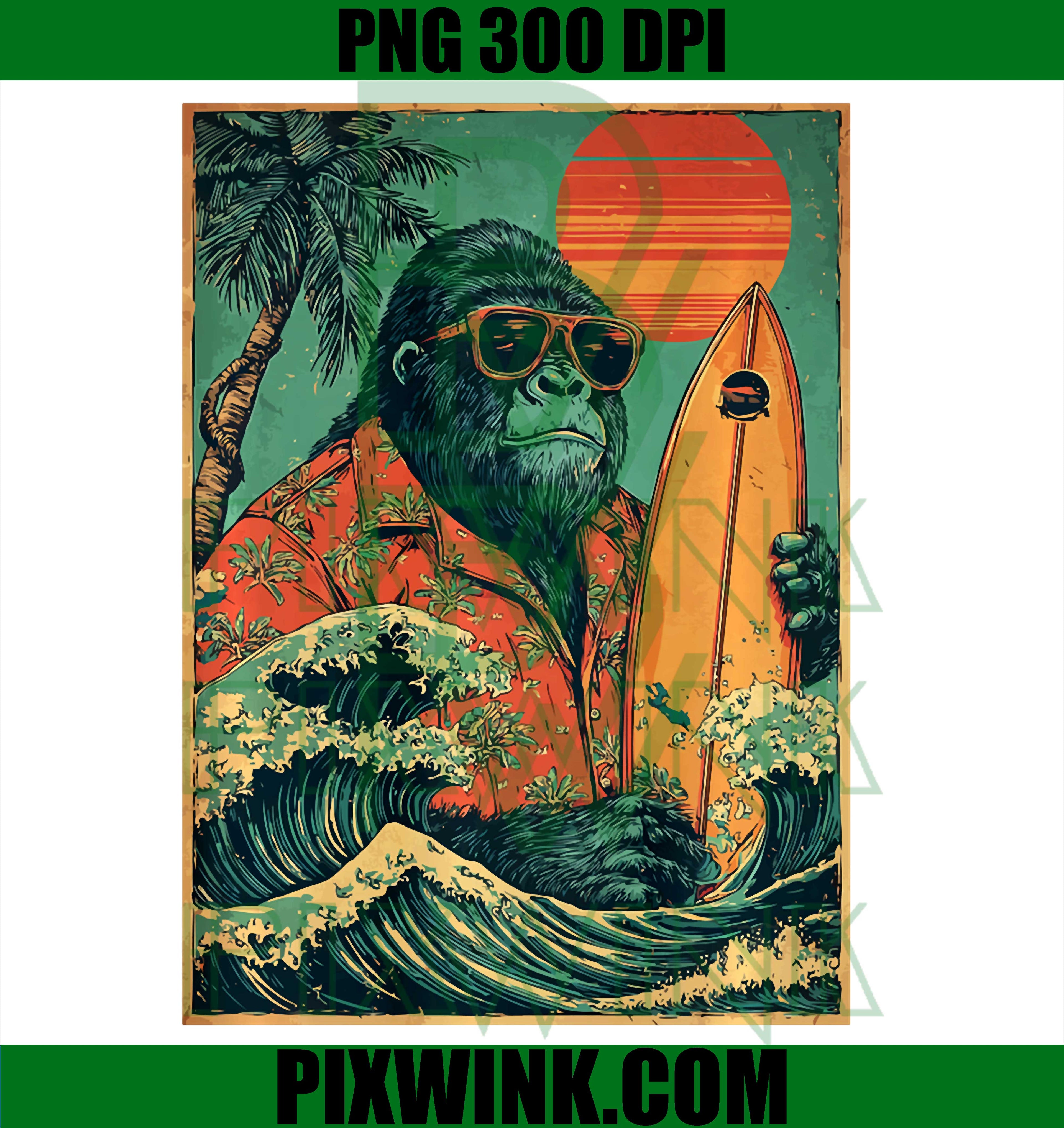 Retro Gorilla Surfer PNG, Hawaii Beach Summer Animal Surfing PNG