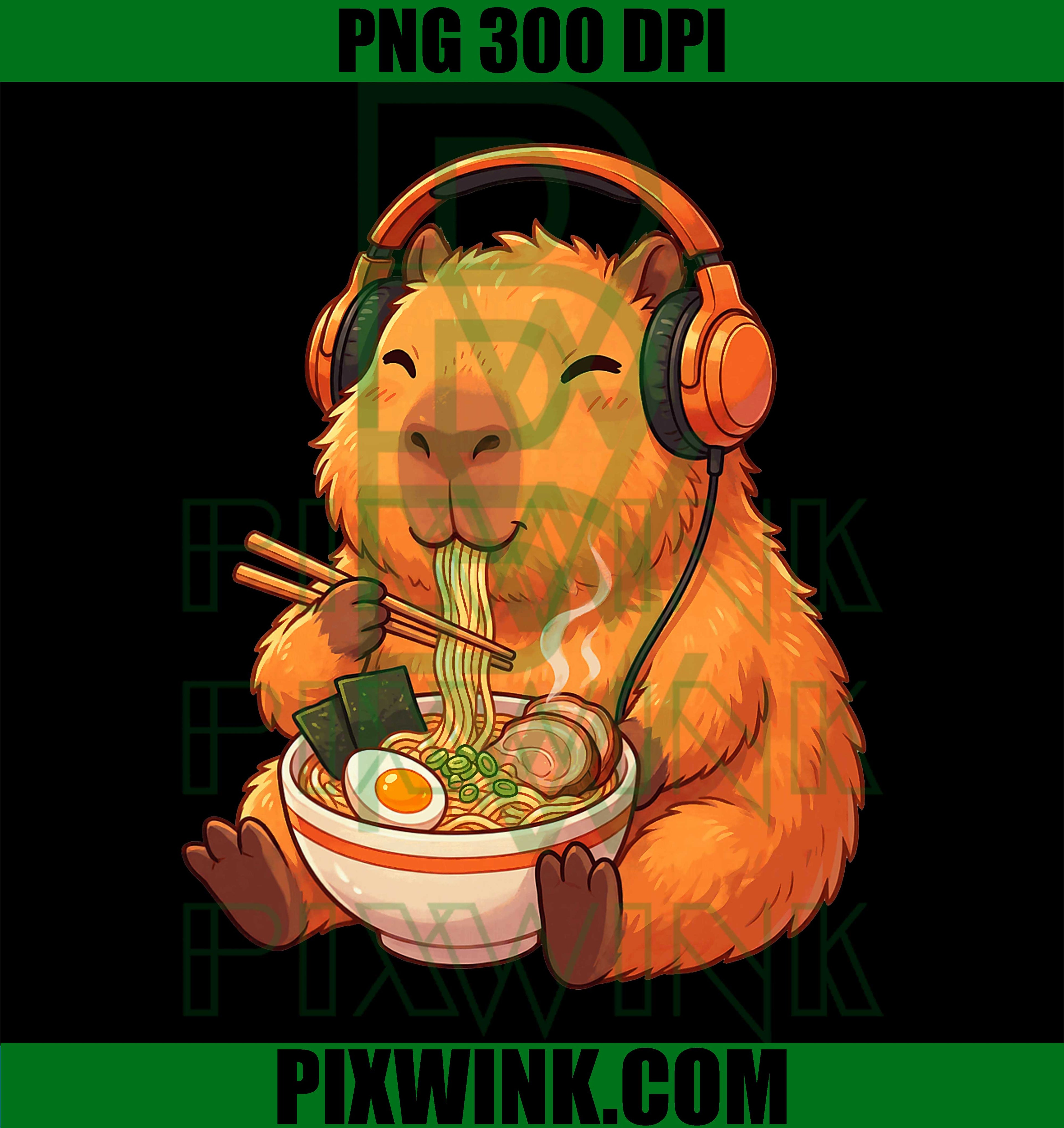Funny Capybara Eating Ramen PNG, Gamer Capybara With Headphones Graphic PNG