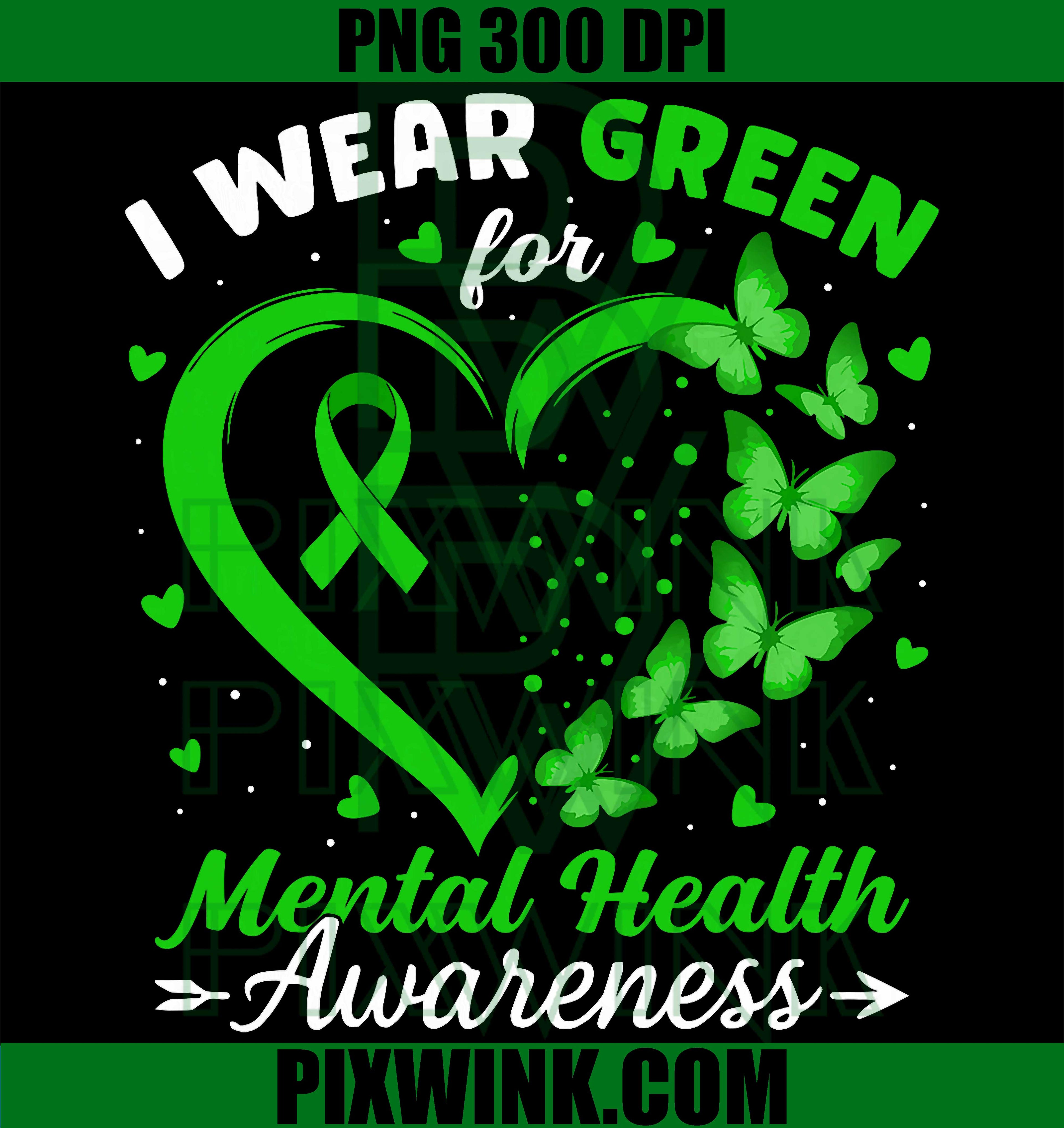 Mental Health Awareness Green Ribbon PNG, Heart Awareness Design PNG