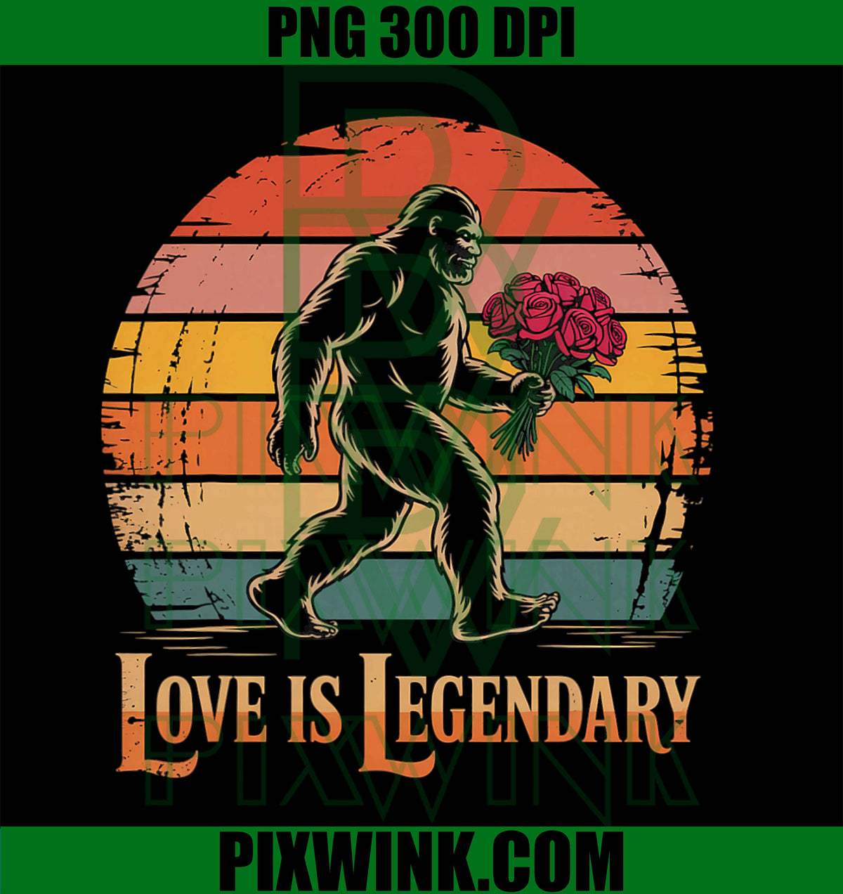 Retro Sunset Bigfoot PNG, Sasquatch Holding Red Roses Graphic PNG