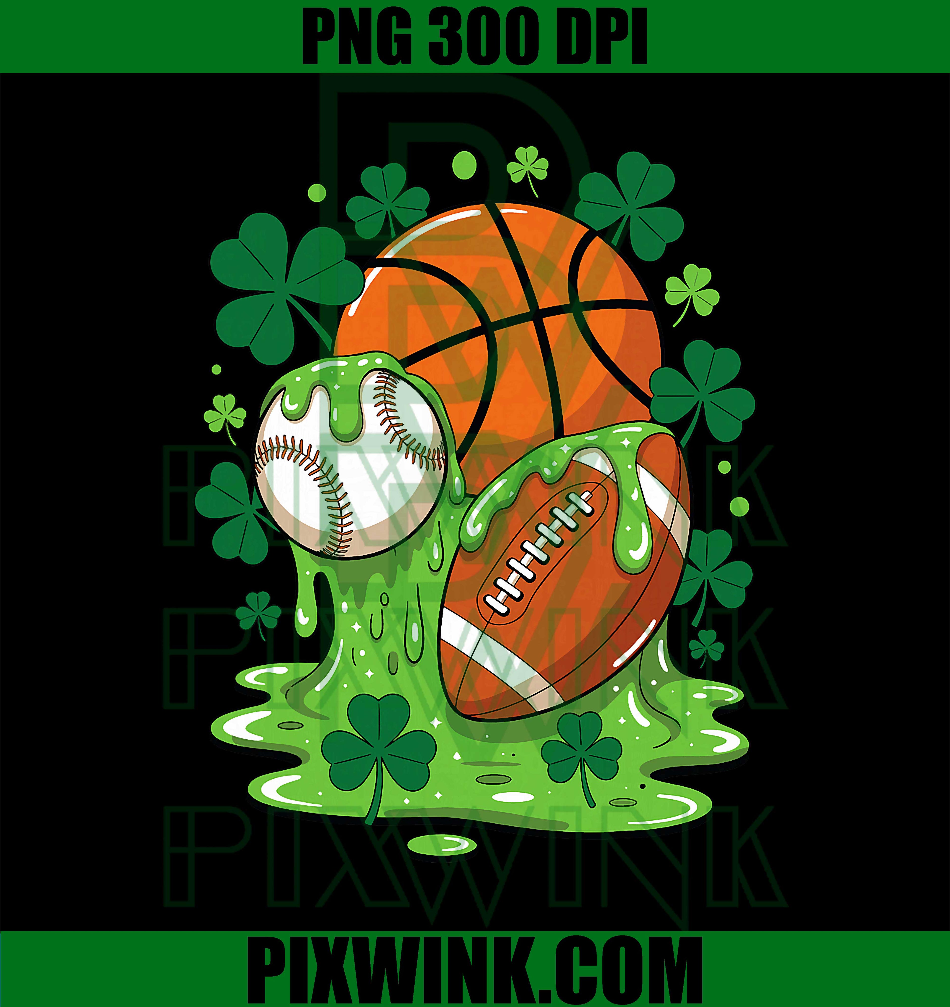 St Patrick’s Day Sports Shamrock PNG, Ice Cream Drip Baseball Football Basketball Graphic PNG
