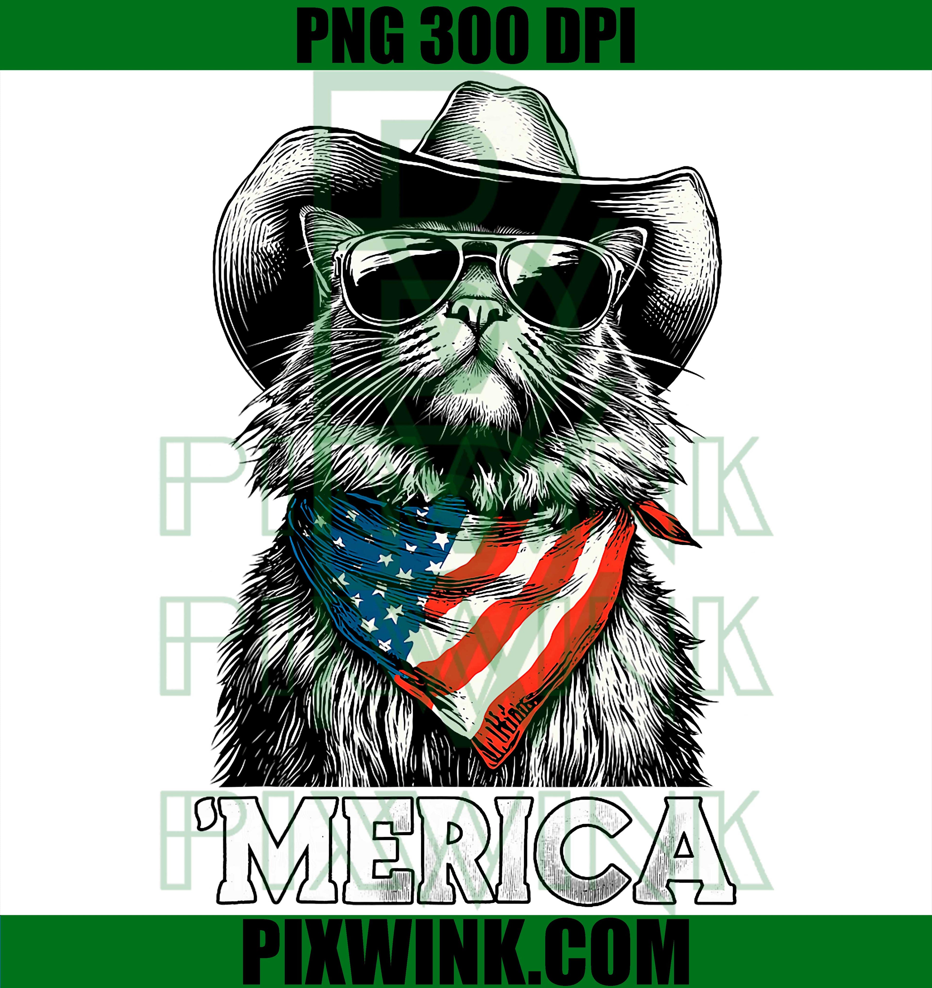 Maine Coon Cat American Flag PNG, Cowboy Hat Sunglasses Patriotic PNG