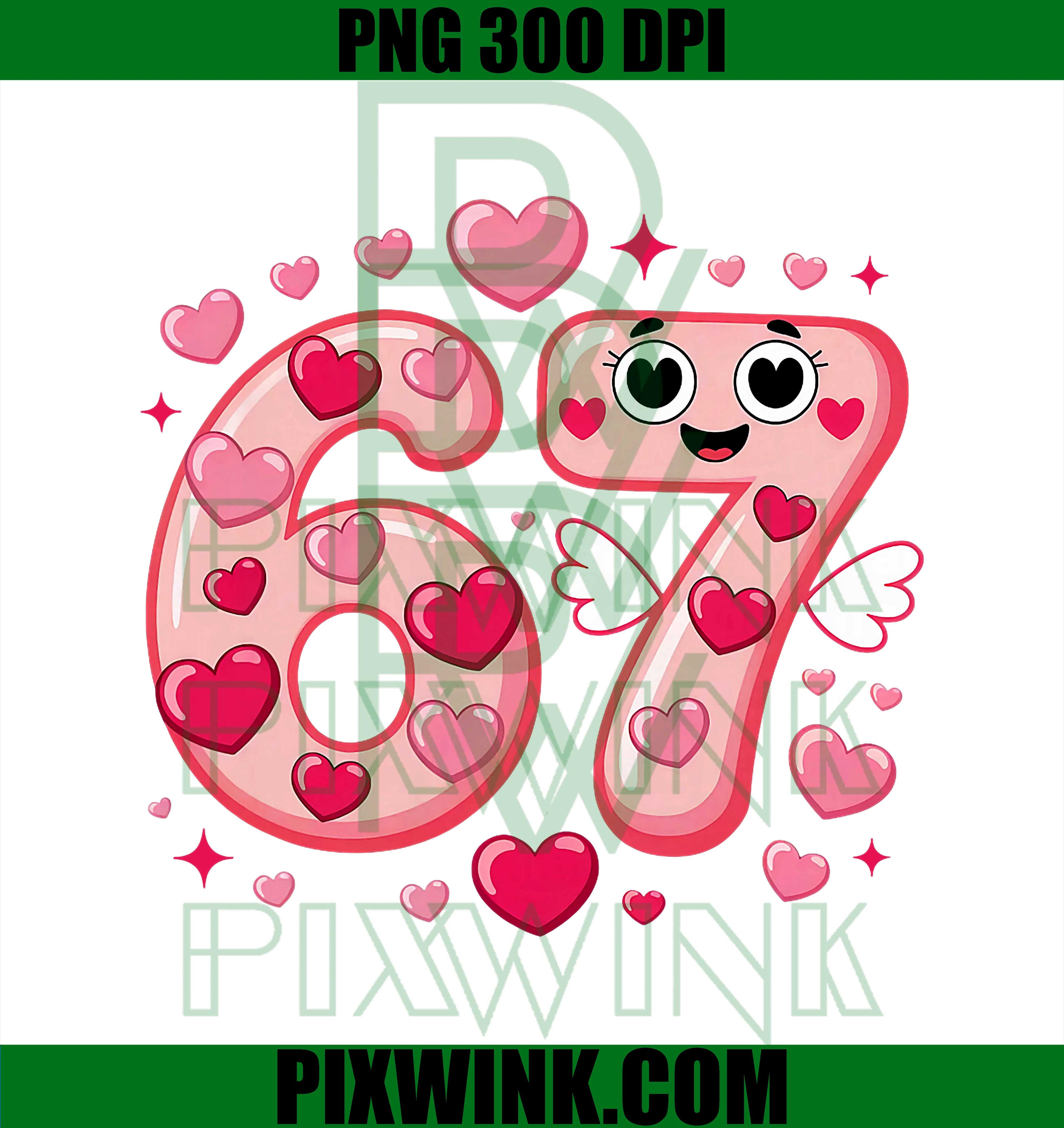 Cute 67 Love Meme Pink Hearts, Kawaii Valentine Graphic Art PNG