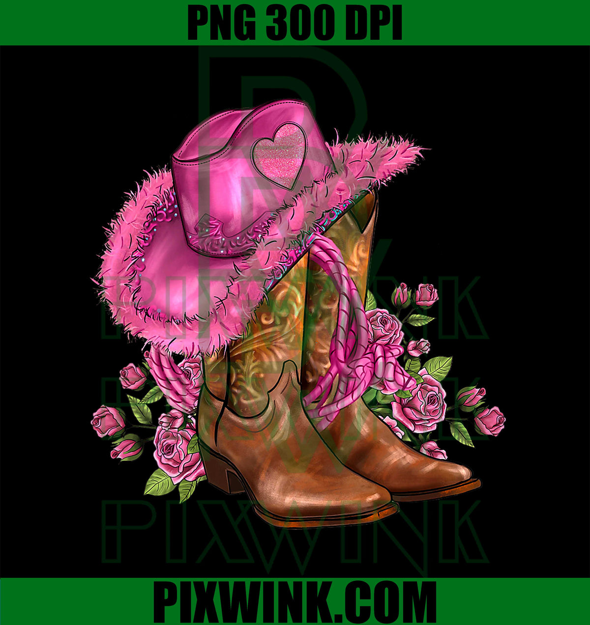 Western Country Pink PNG, Cowboy Boots Cowgirl Hat And Roses PNG