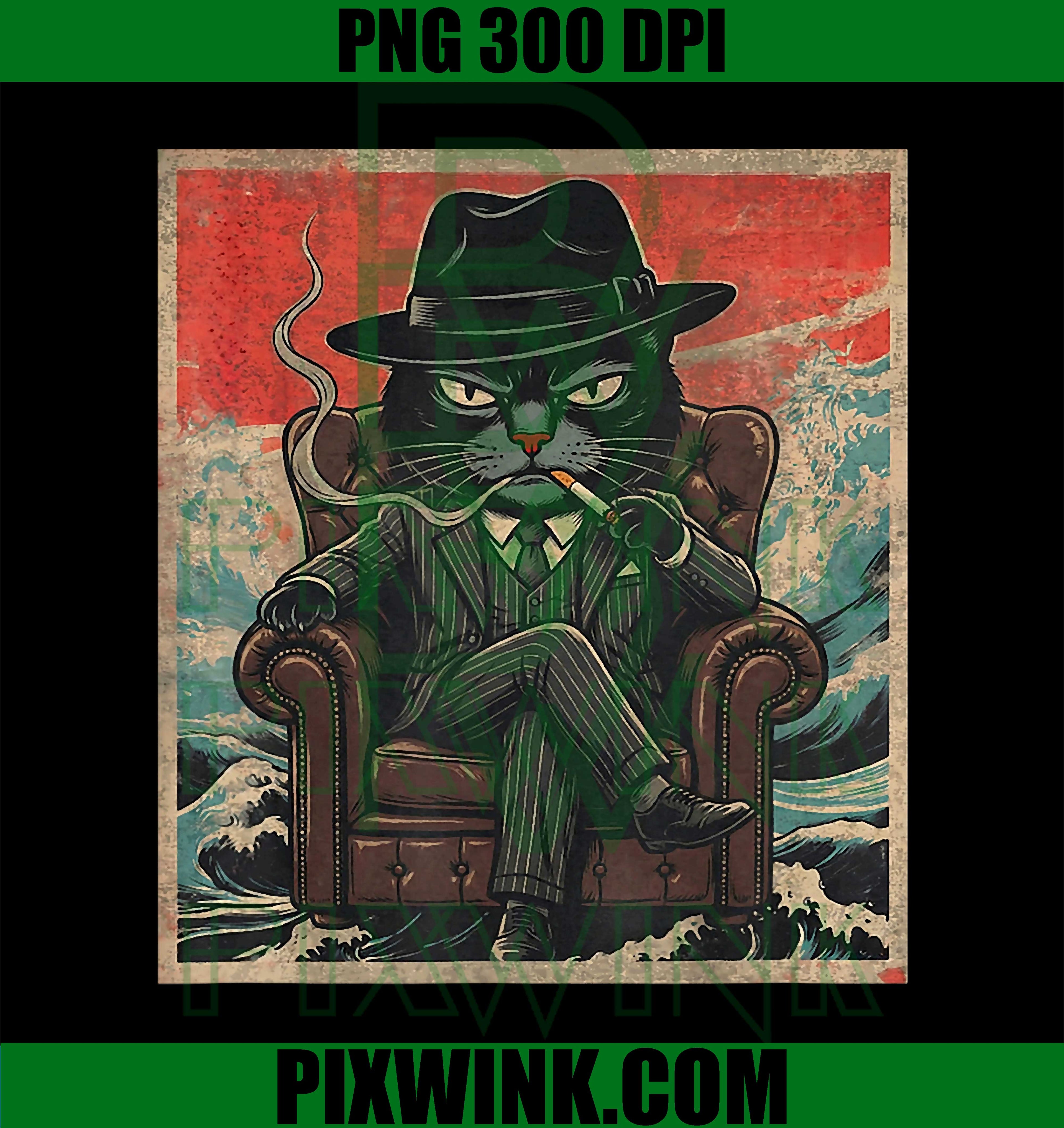 Cool Mafia Cat PNG, Funny The Cat Father Smoking Vintage PNG