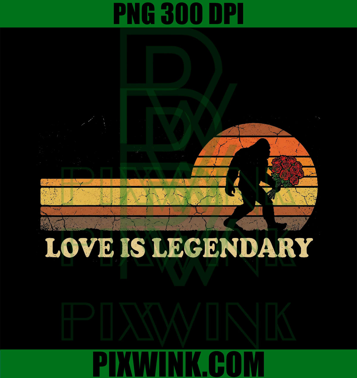 Retro Sunset Bigfoot PNG, Sasquatch Holding Red Roses Graphic PNG