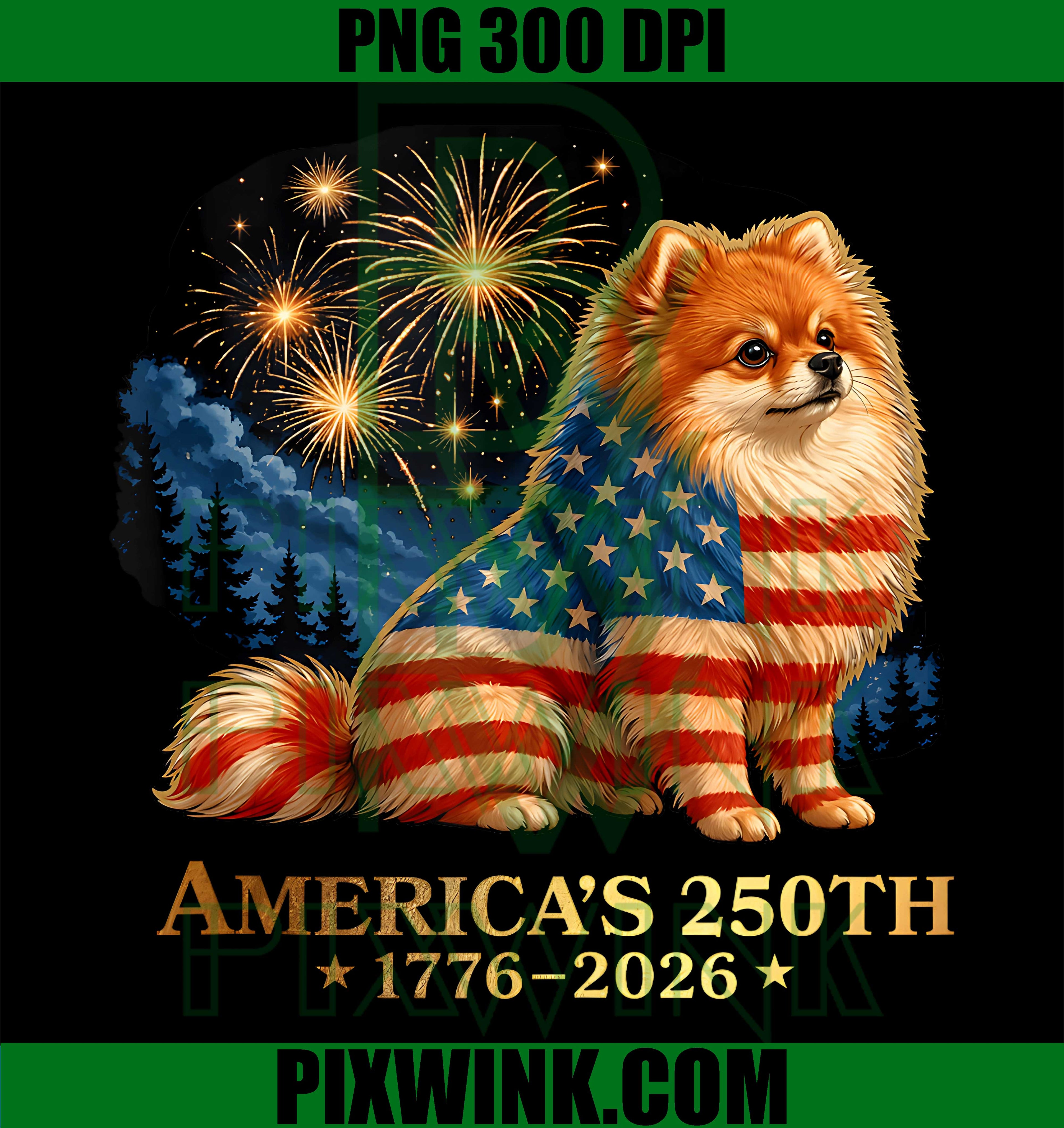 Americas 250th Pomeranian Dog PNG, US Flag 4th of July PNG, Fireworks PNG