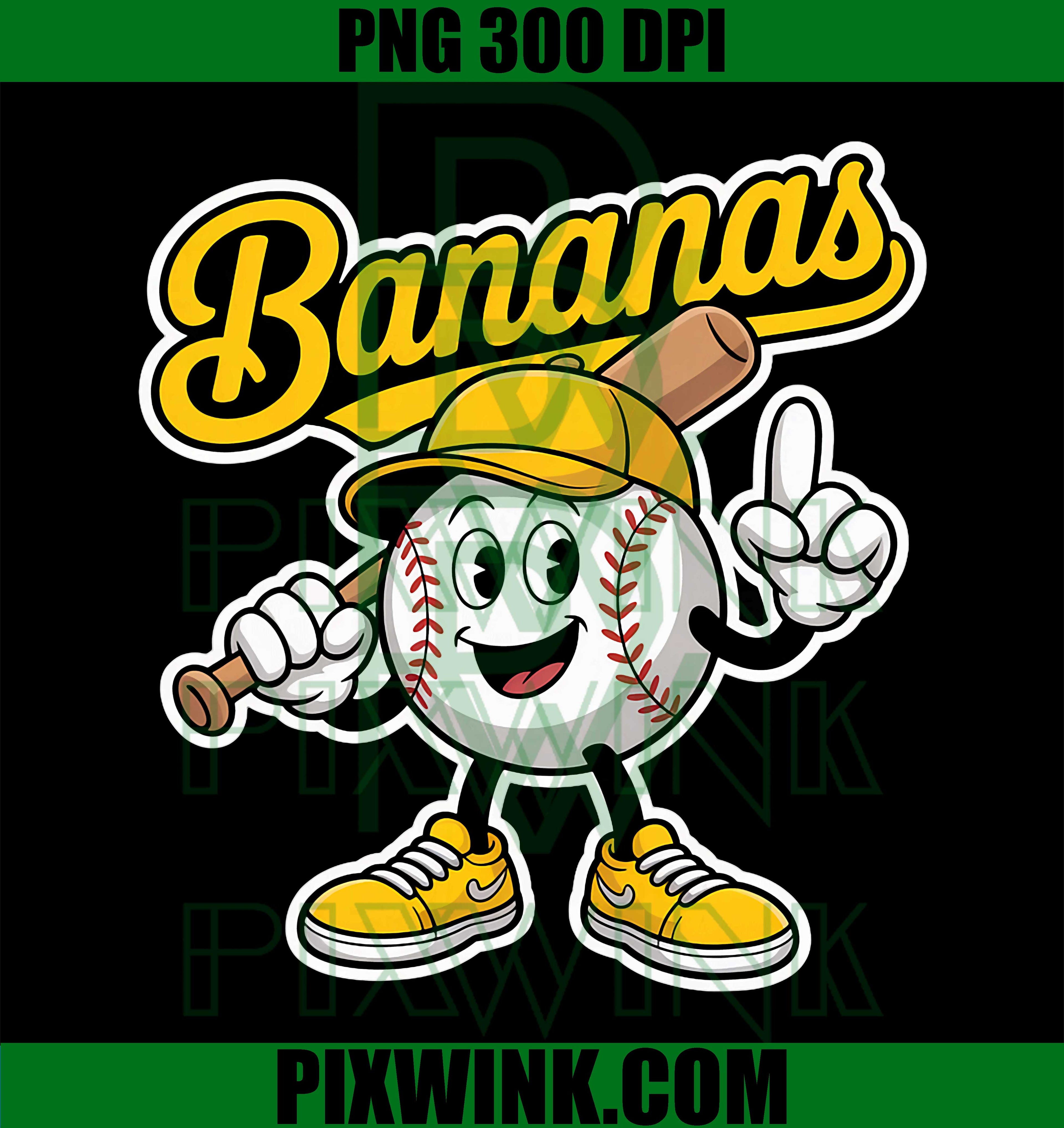 Funny Bananas Baseball Team Mascot, Cartoon Fruit Sports Fan PNG