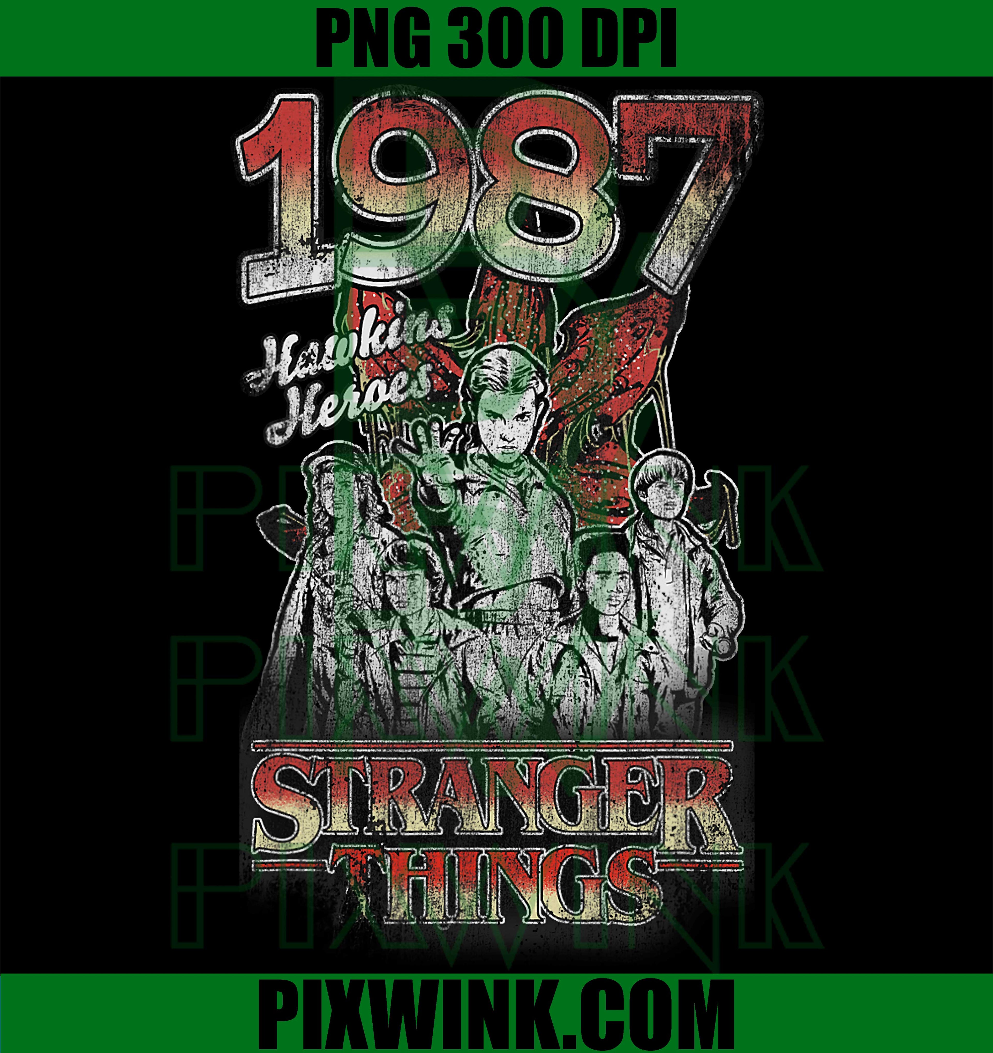 Stranger Things 1987 Hawkins PNG, Eleven Mike Dustin Distressed Retro Graphic PNG