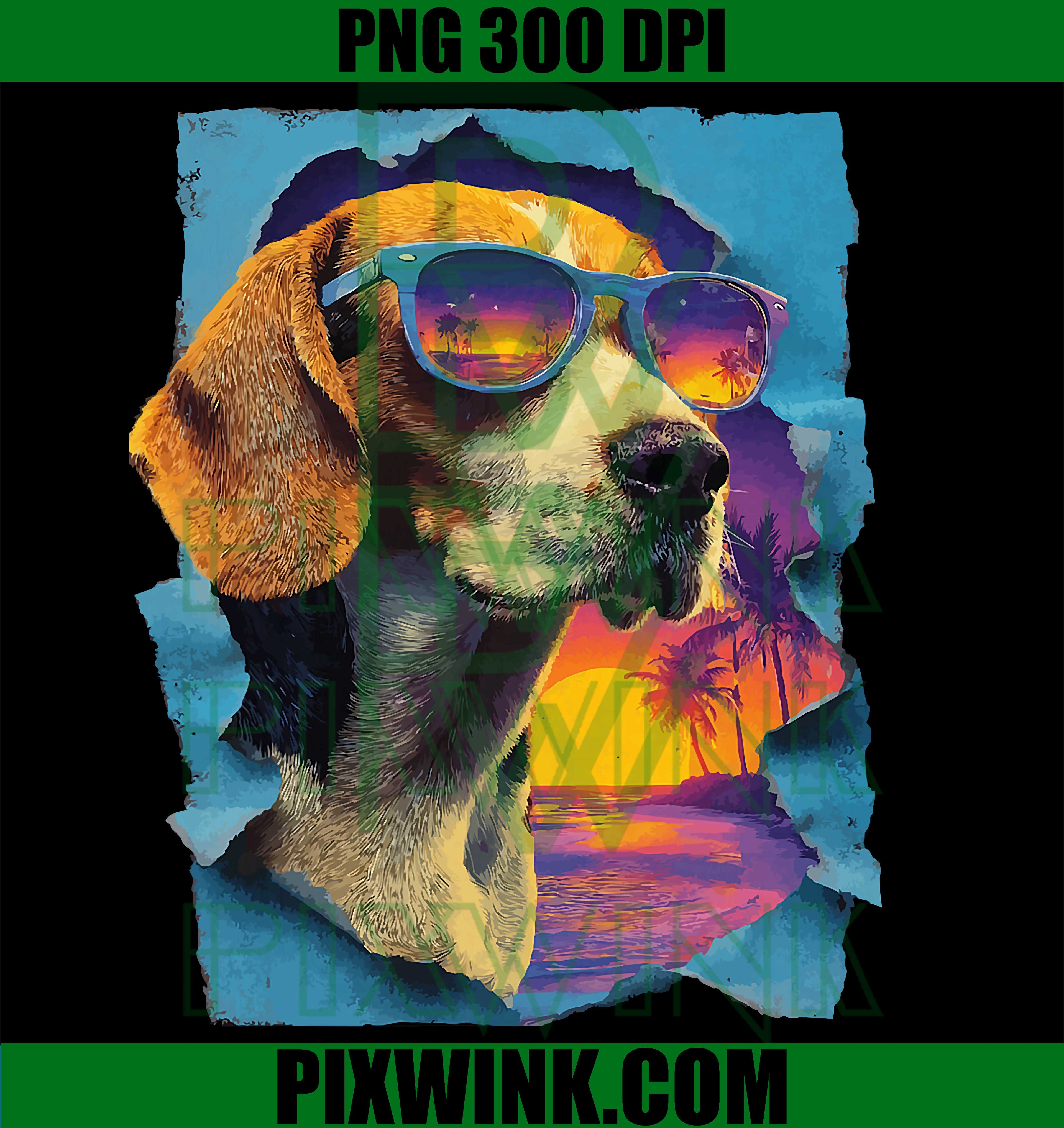 Cute Beagle Sunglasses PNG, Sunset Beach Tropical Dog PNG