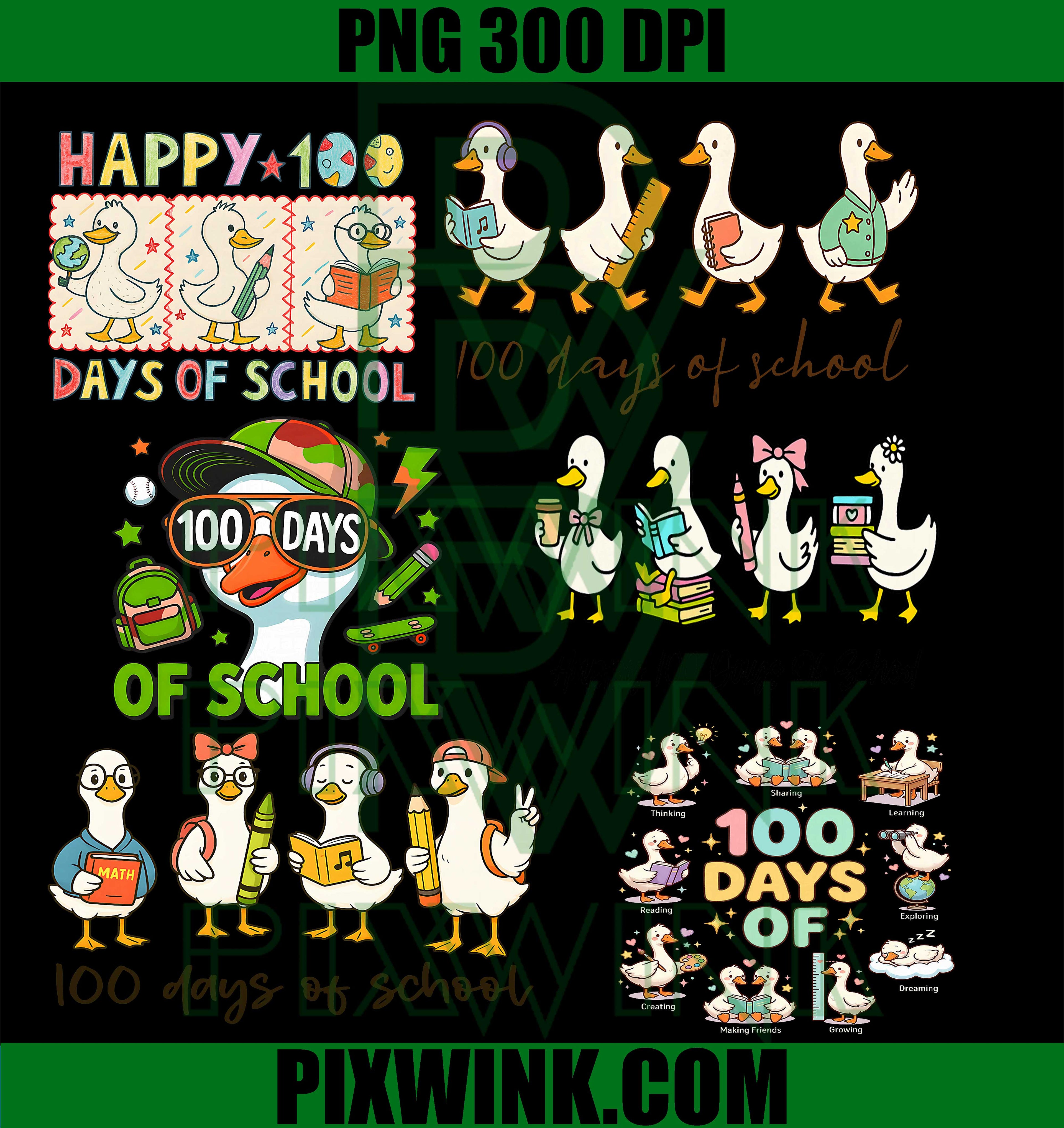 100 Days of School Duck PNG Bundle, Cute Goose Teacher PNG