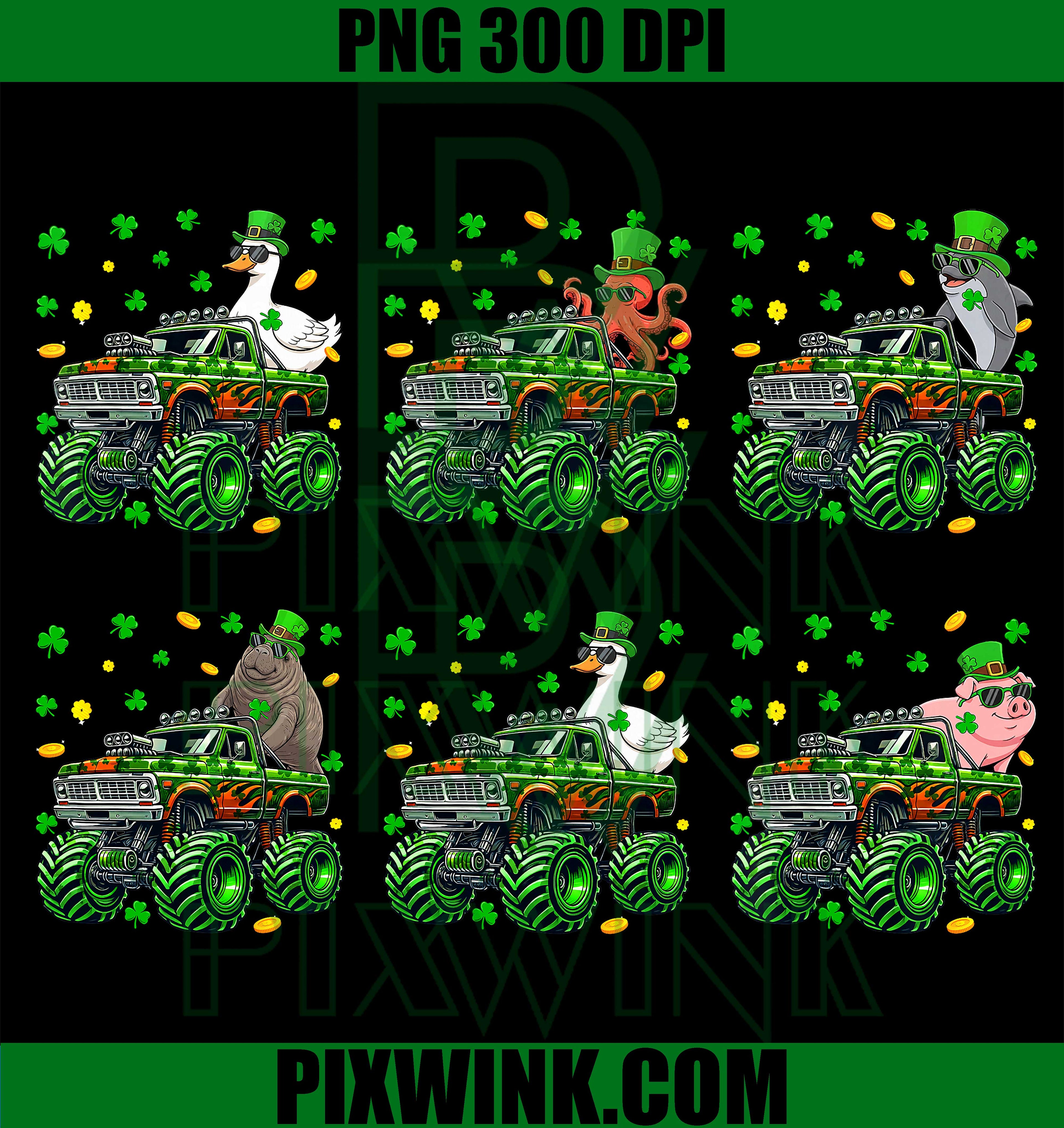 St Patrick’s Day Monster Truck PNG Bundle, Funny Animal Truck PNG