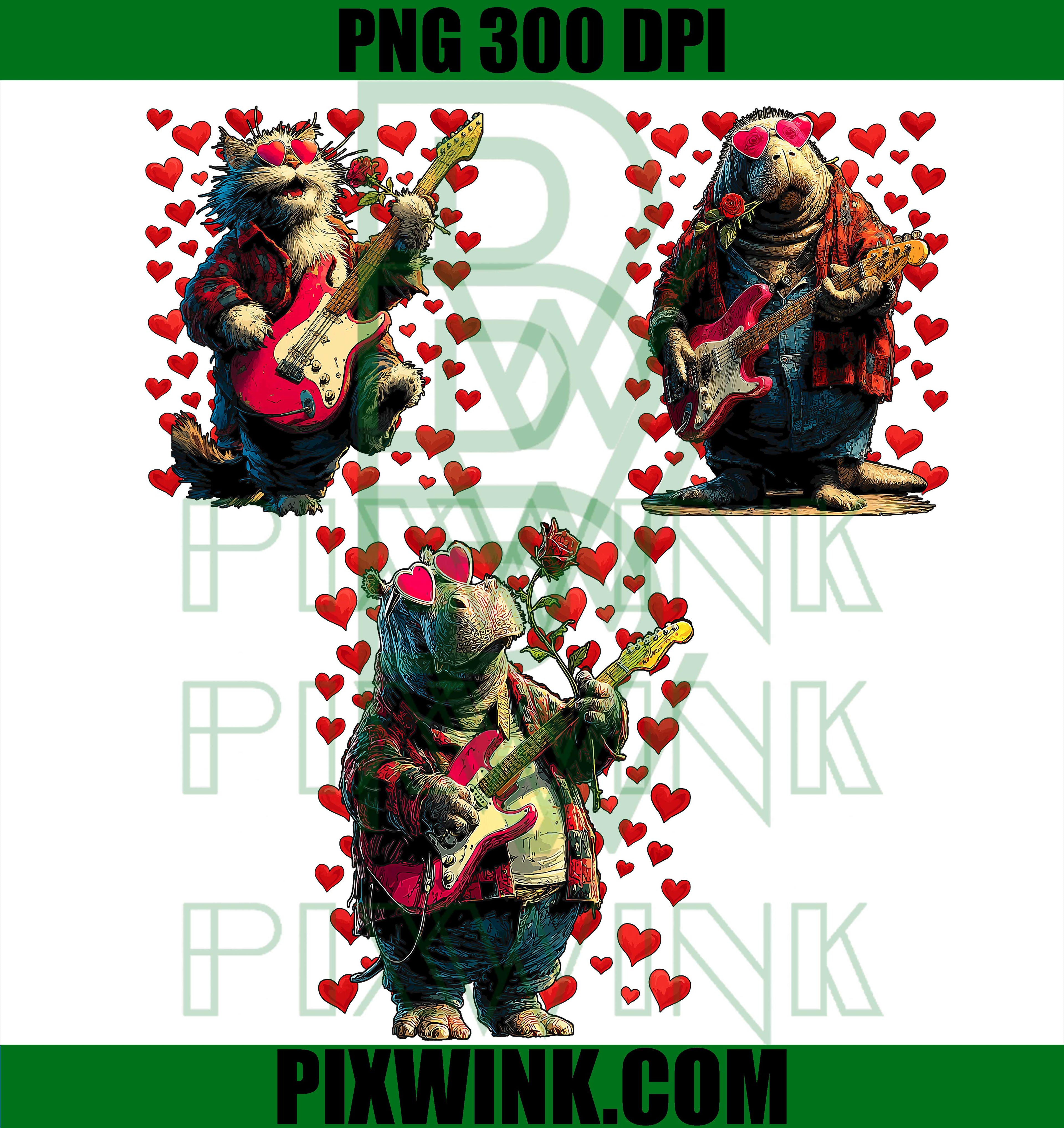 Valentine Rock Animal PNG Bundle, Guitar Playing Animals Love Design PNG