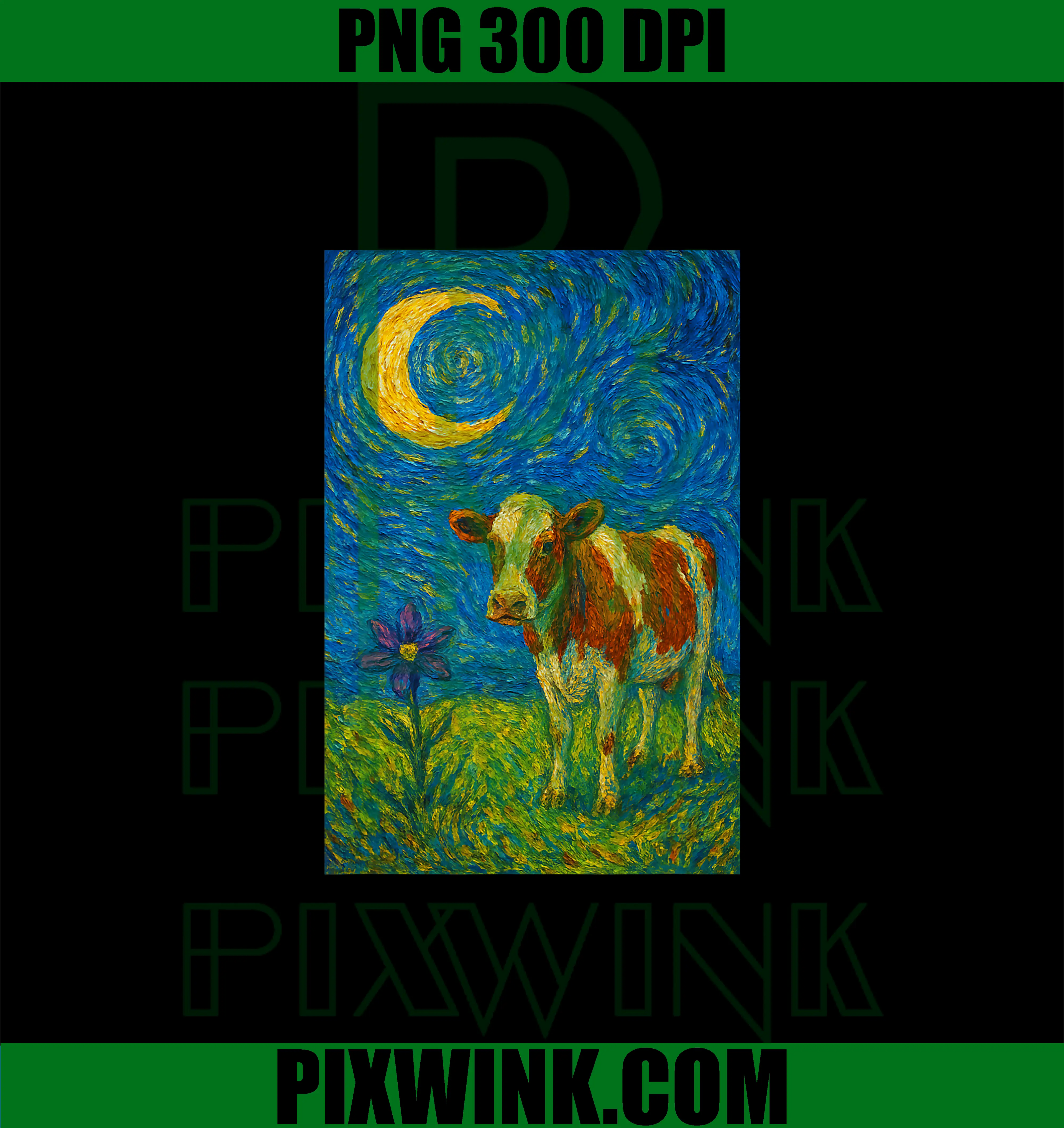 A Van Gogh Inspired Cow PNG, Moon And Flower PNG