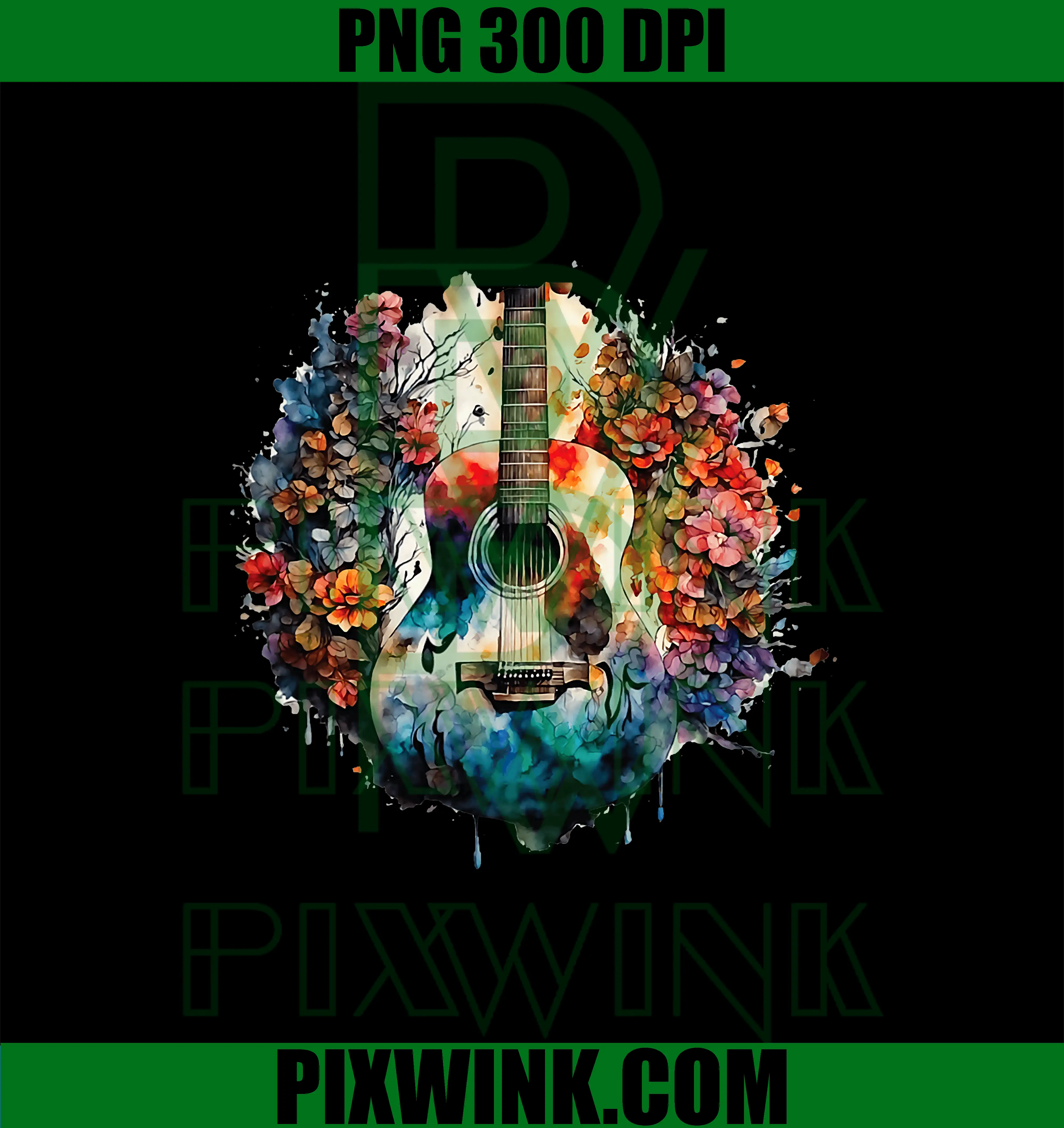 Acoustic Guitar with Dripping PNG, Paint and Flowers PNG