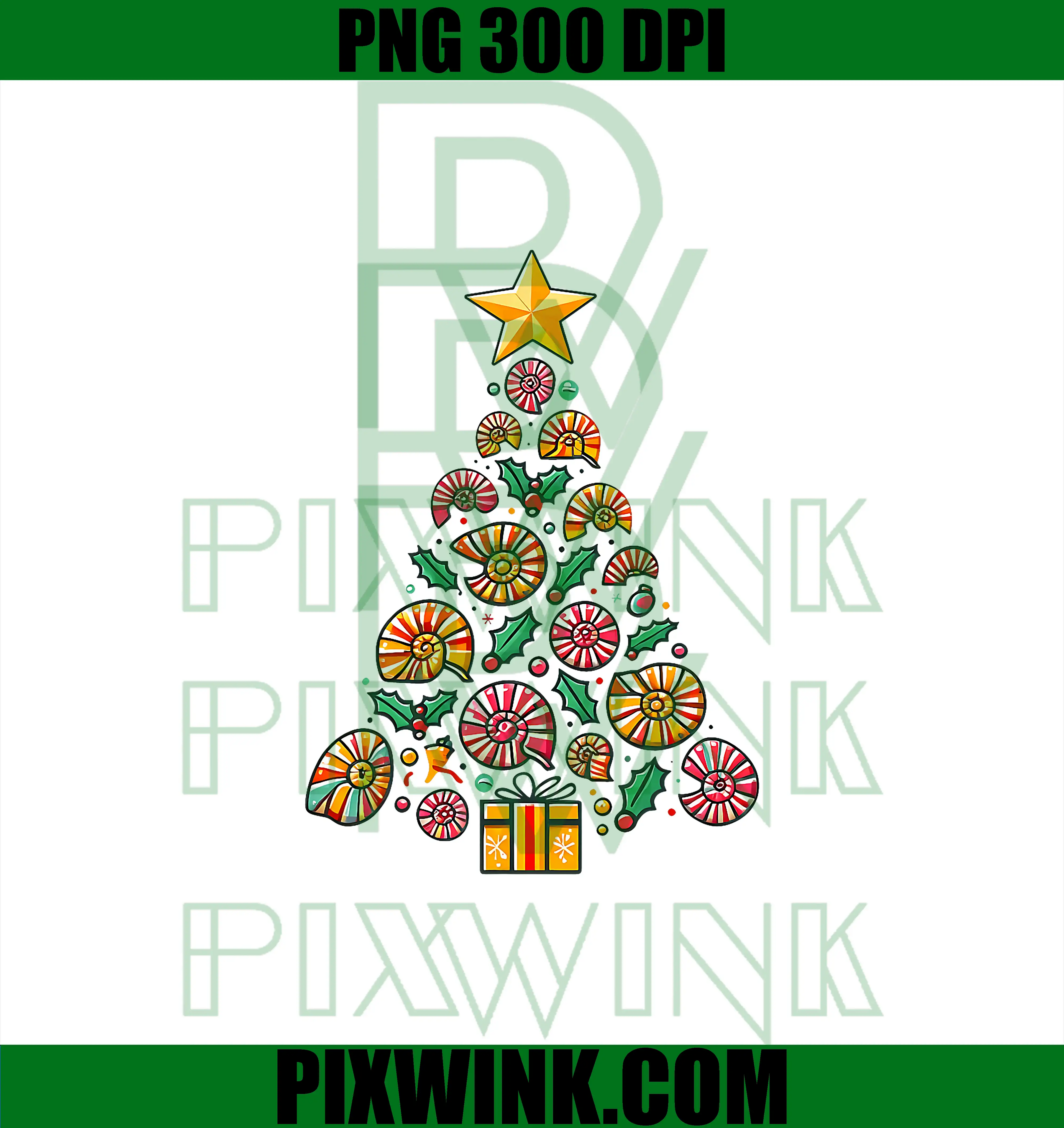 Ammonite Fossil Christmas Tree PNG, Spiral Shell Holiday Art PNG