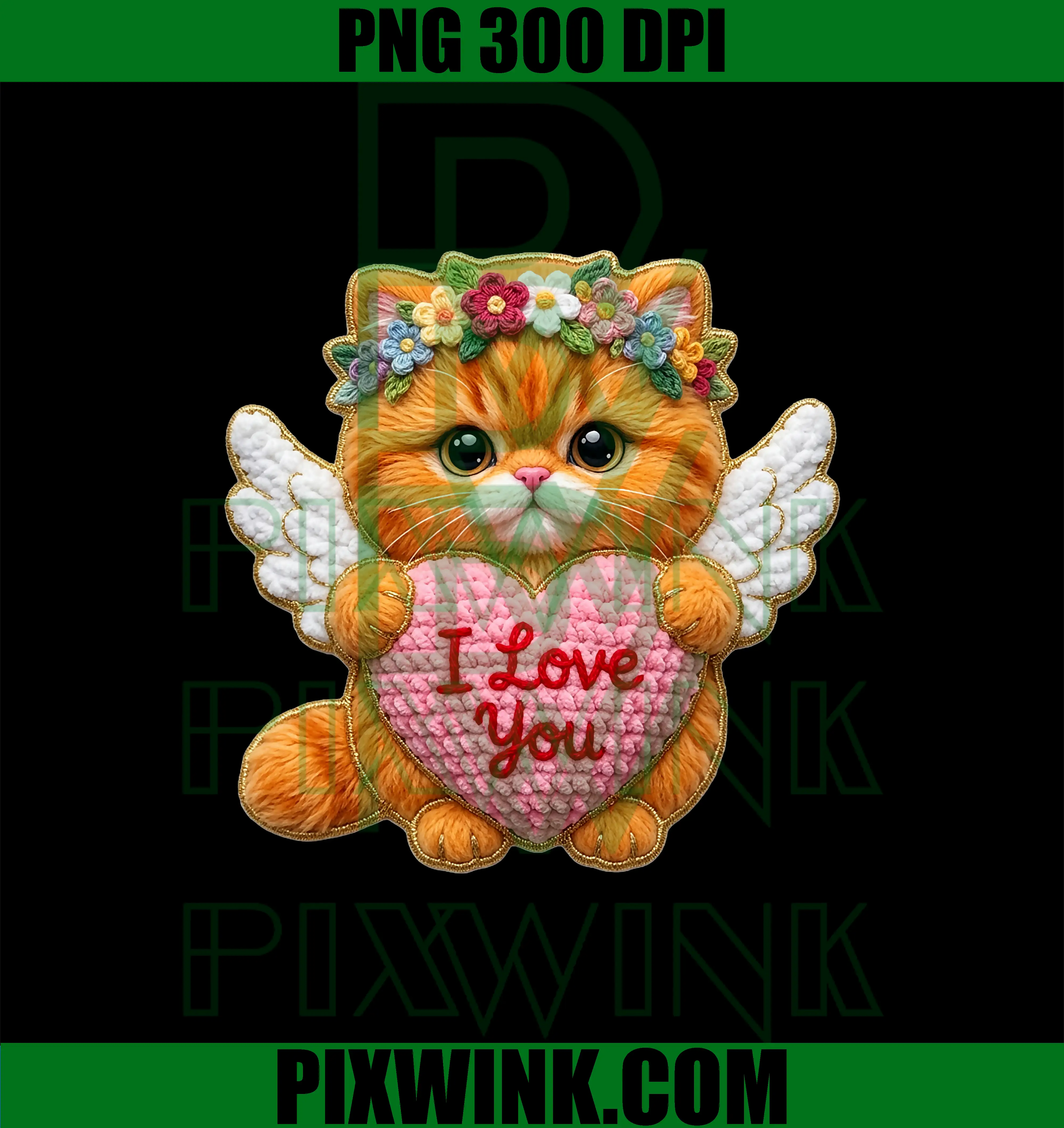 Angel Kitten Yarn-Look PNG, Valentine Cat Heart Design Cute Craft PNG