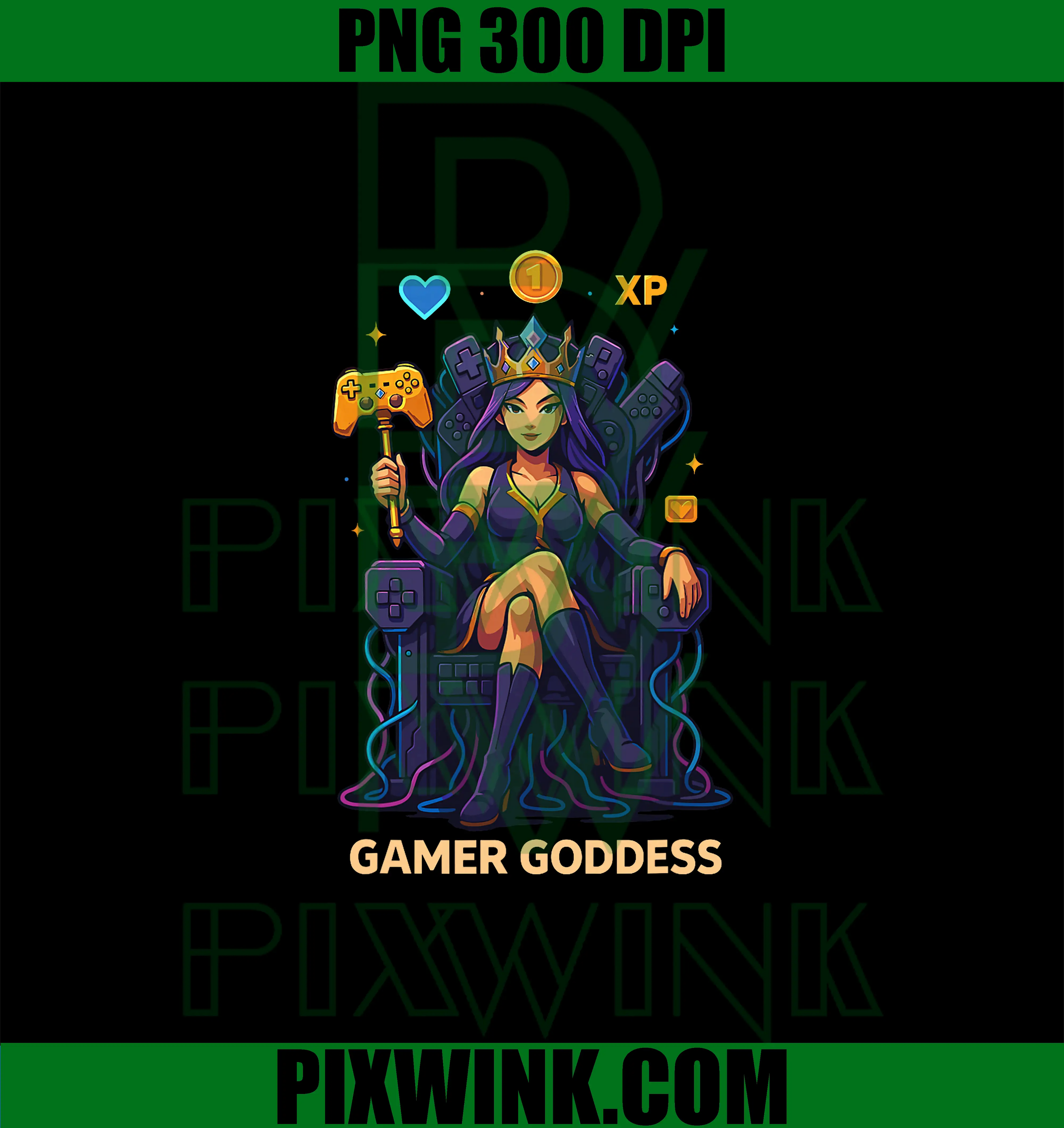 Gamer Goddess PNG, Anime Gamer Queen PNG, Video Game Player XP Throne PNG