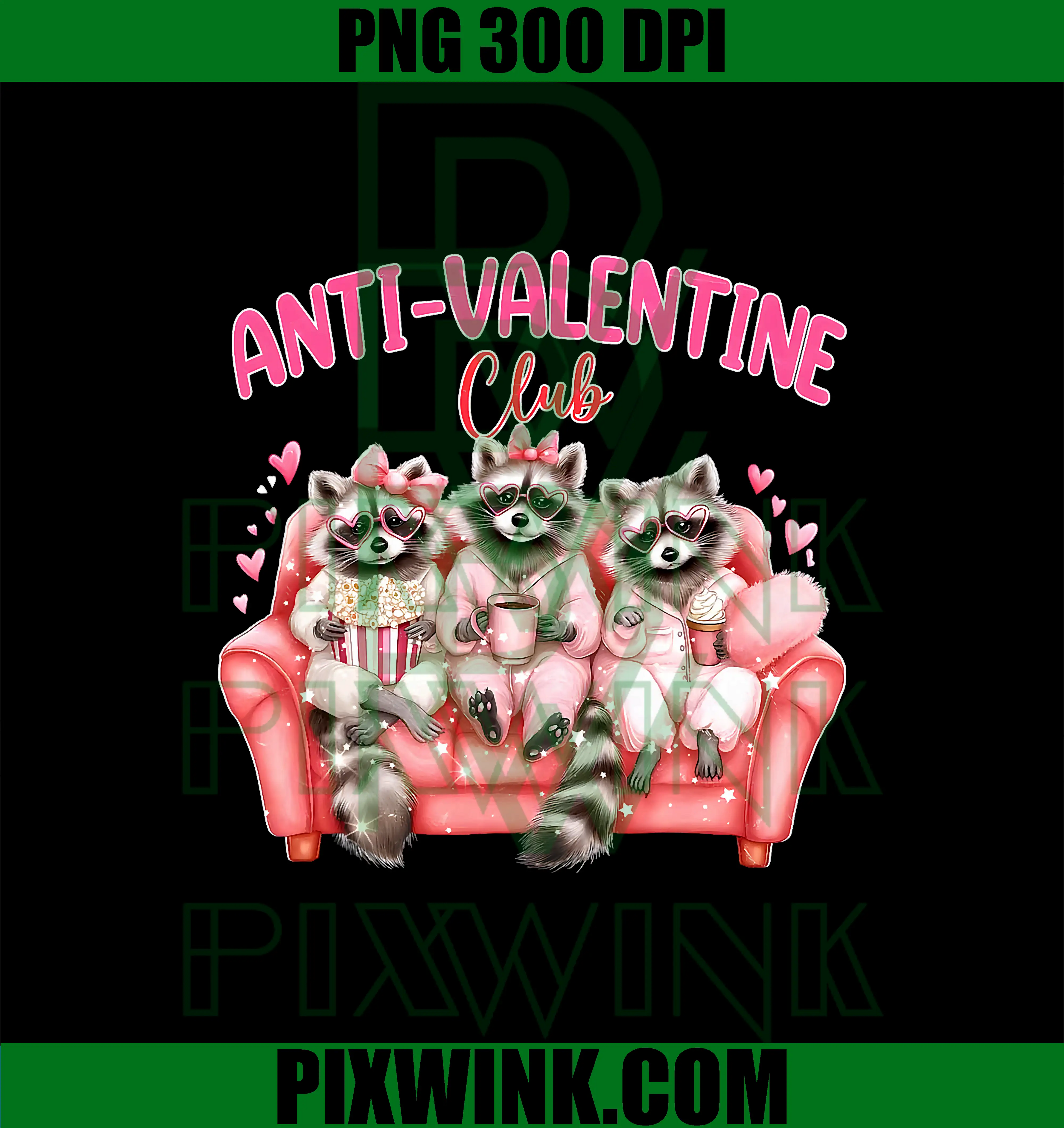 Raccoon Anti Valentine Club PNG, Funny Pink Raccoon Hearts PNG