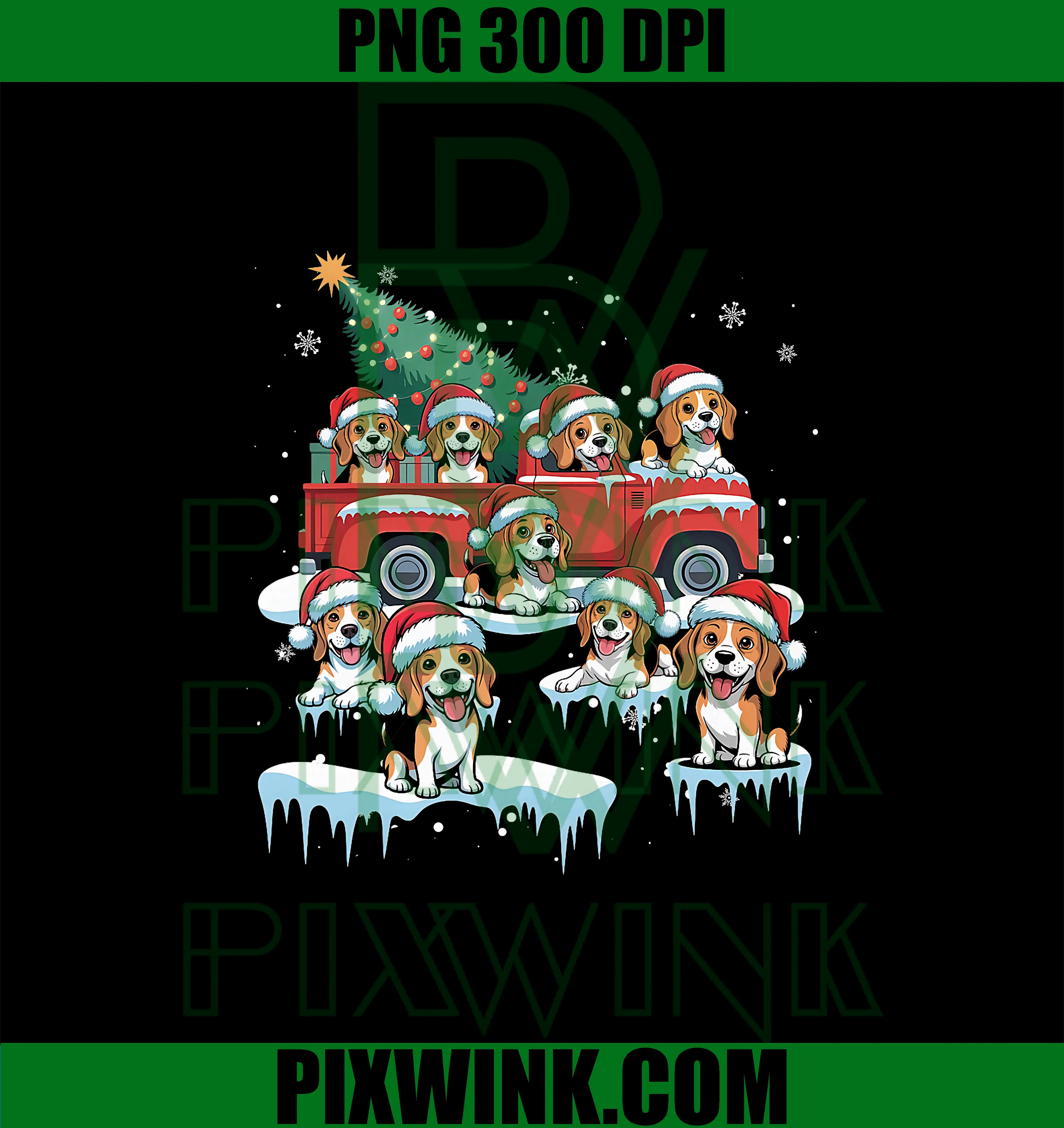 Beagle Dog Riding Red Truck PNG, Merry Christmas PNG