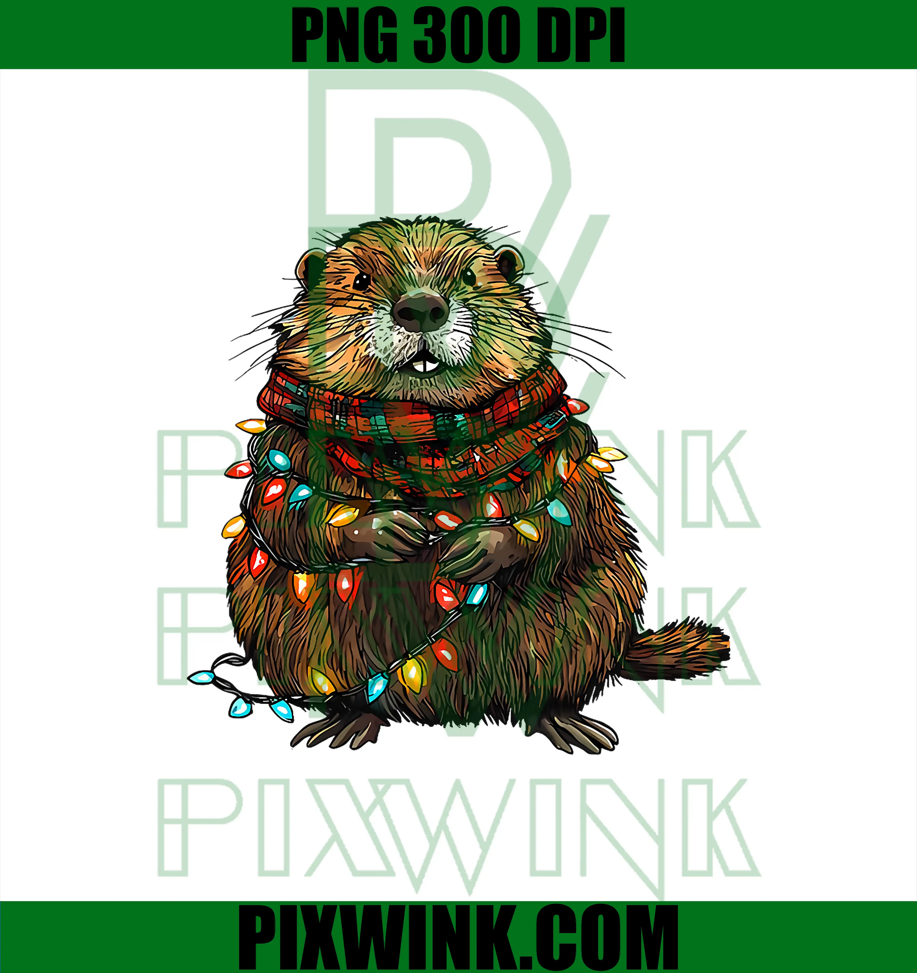 Beaver Christmas Lights PNG, Cute Holiday Animal Illustration PNG