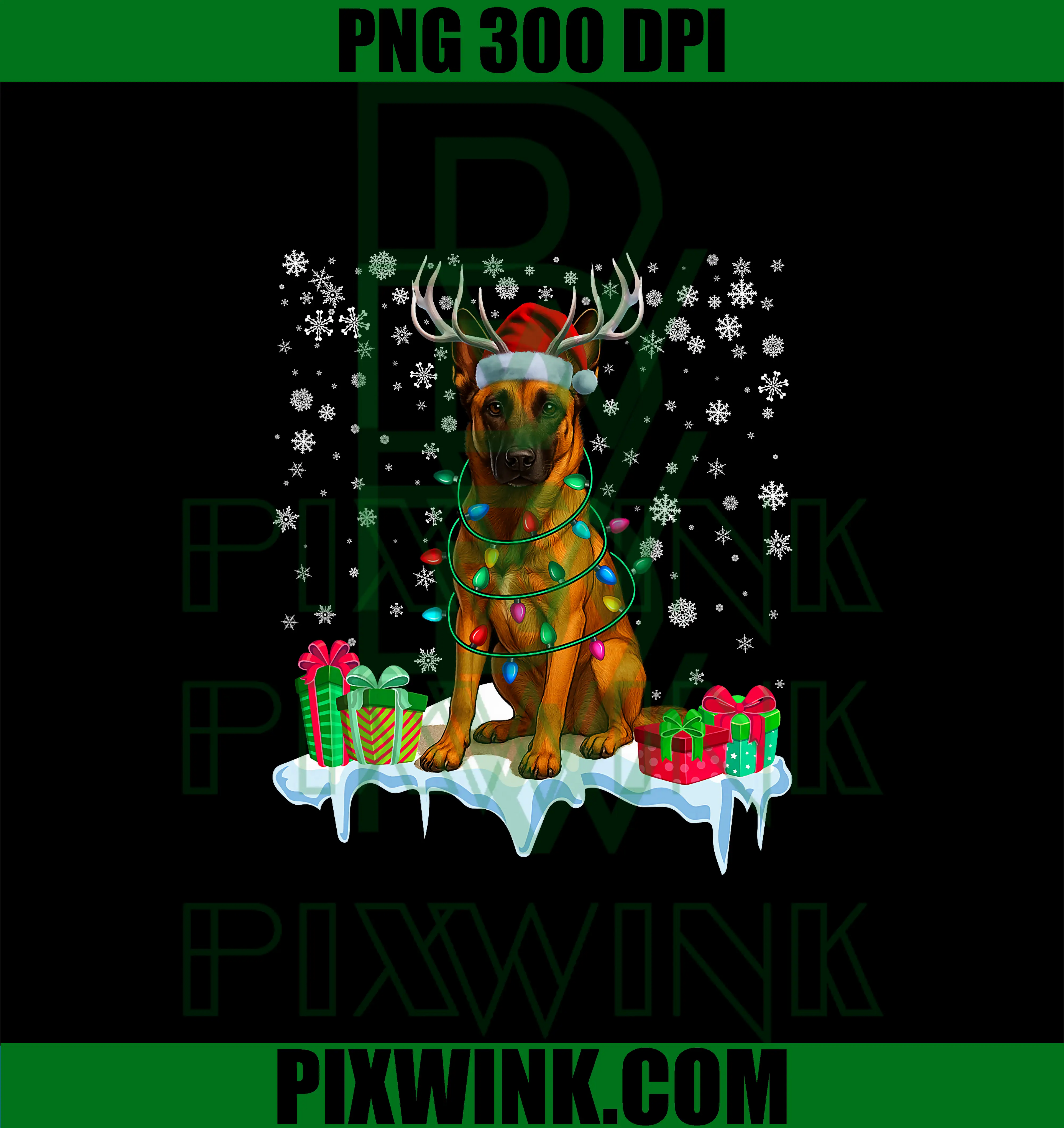 Belgian Malinois Christmas PNG, Santa Hat Reindeer Dog PNG