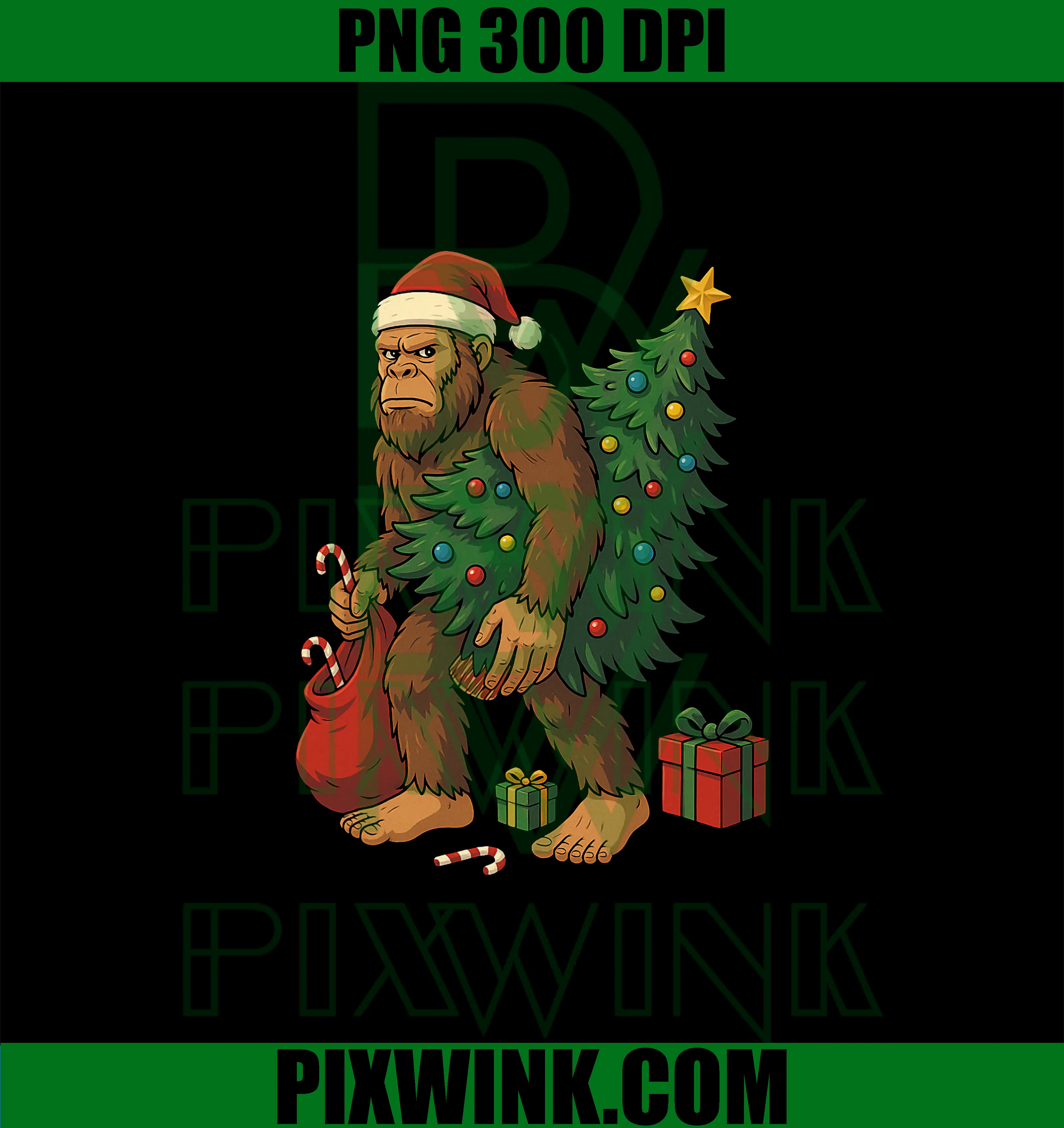 Bigfoot Carrying Christmas Tree PNG, Lights Funny Holiday PNG