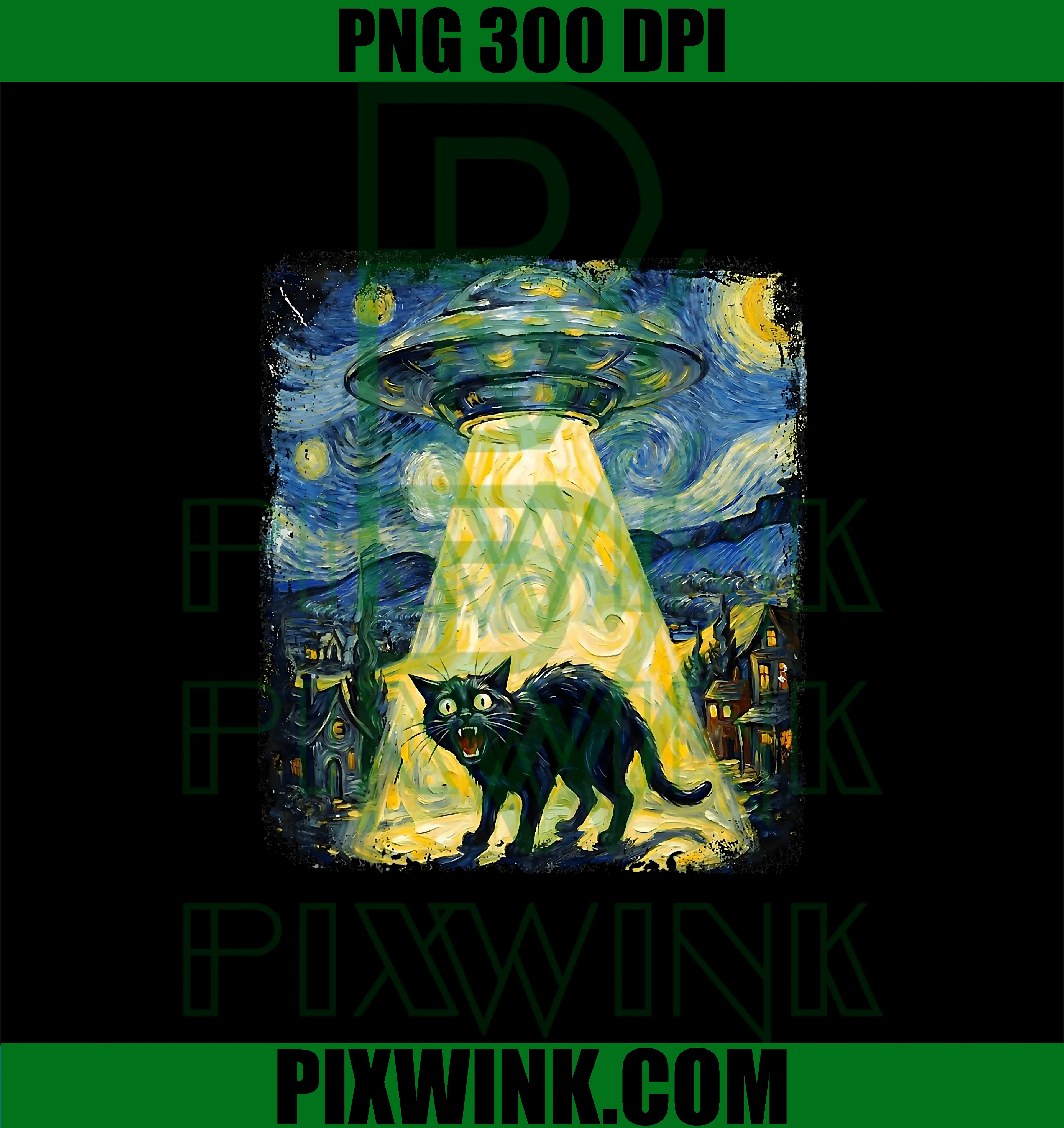Cat Starry Night Van Gogh UFO PNG, Flying Saucer Cat Lover Alien PNG