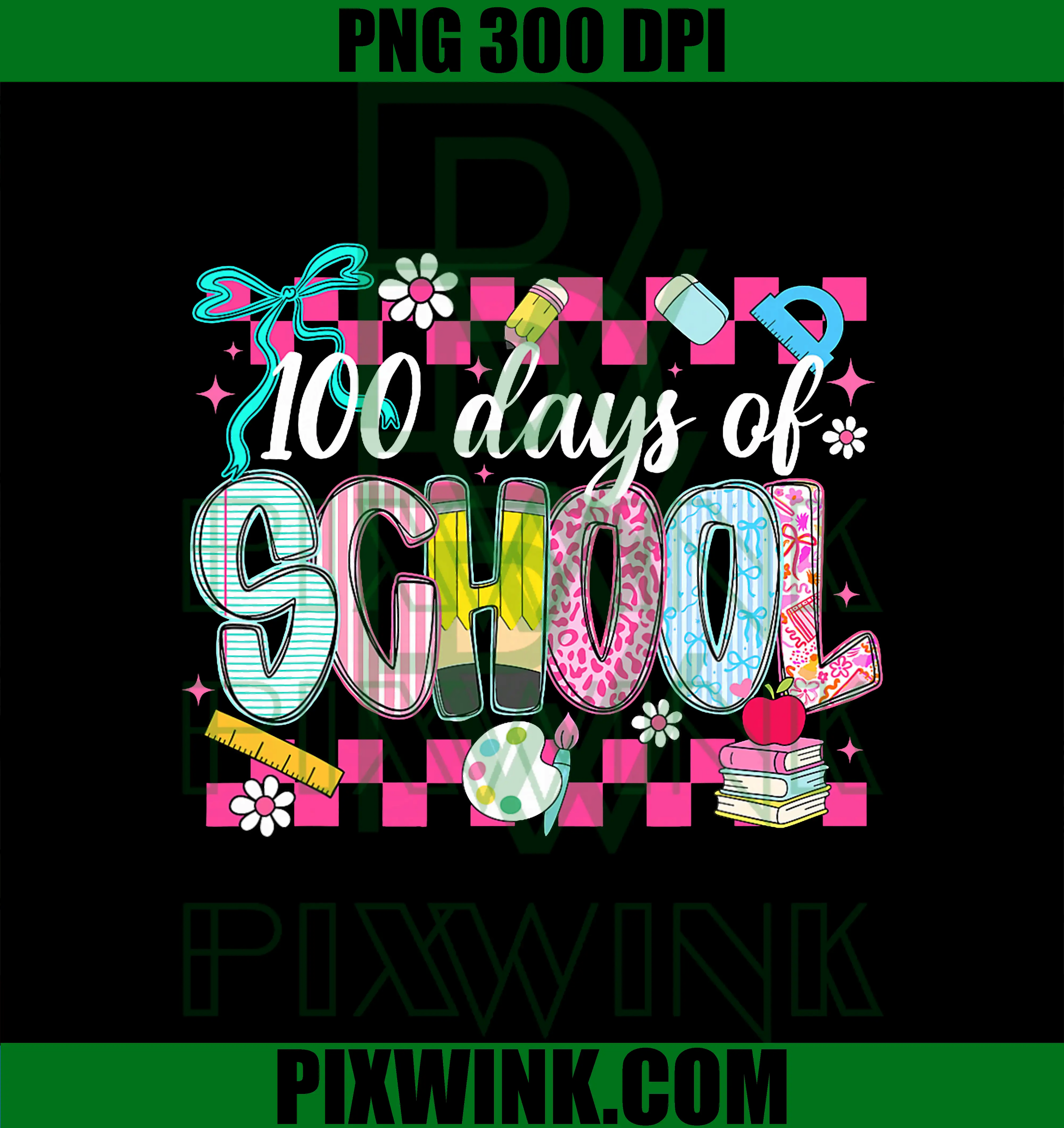 Checkered 100 Days of School PNG, Bow 100th Day of School PNG