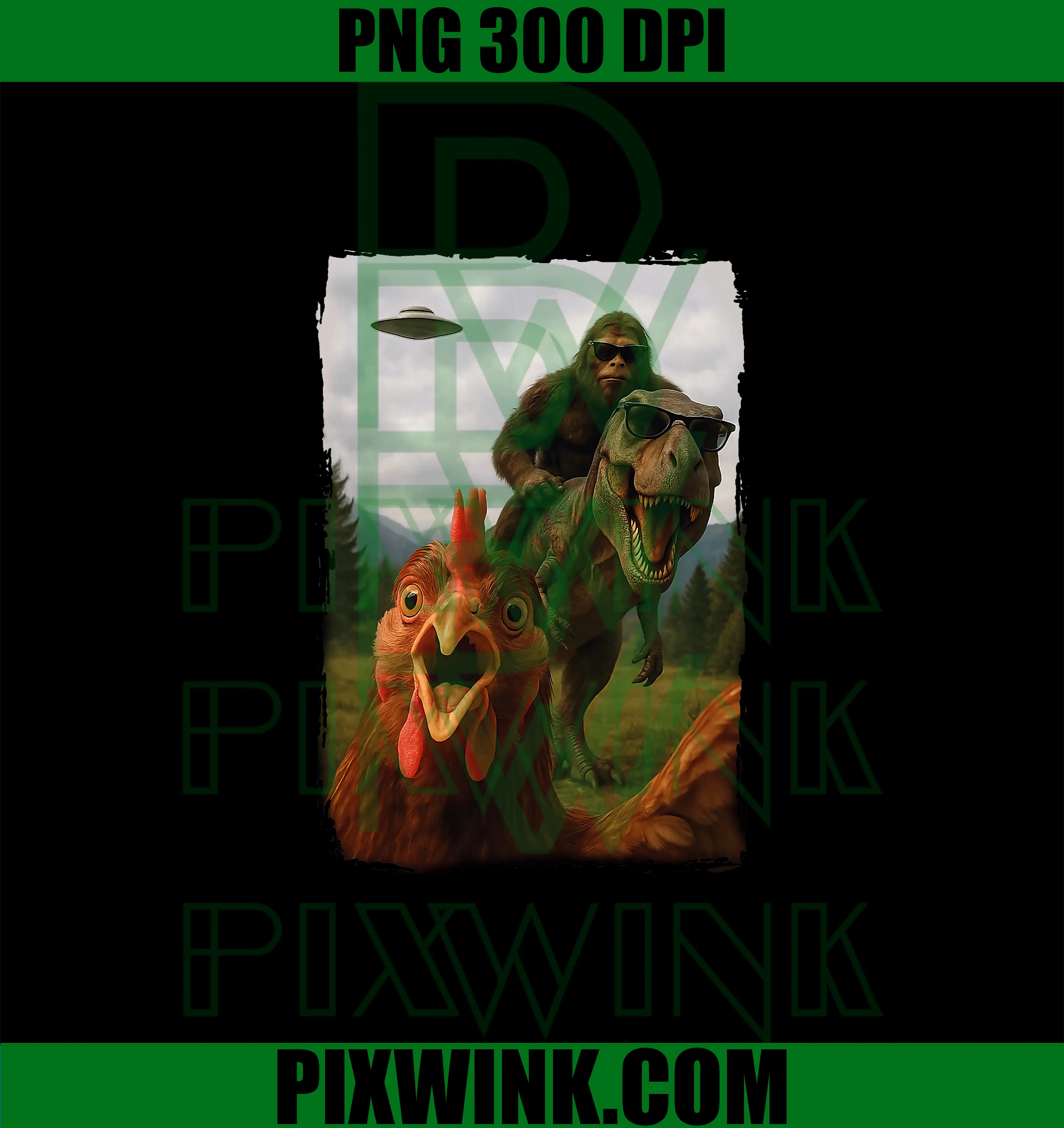 Chicken Bigfoot T-Rex PNG, UFO Selfie PNG