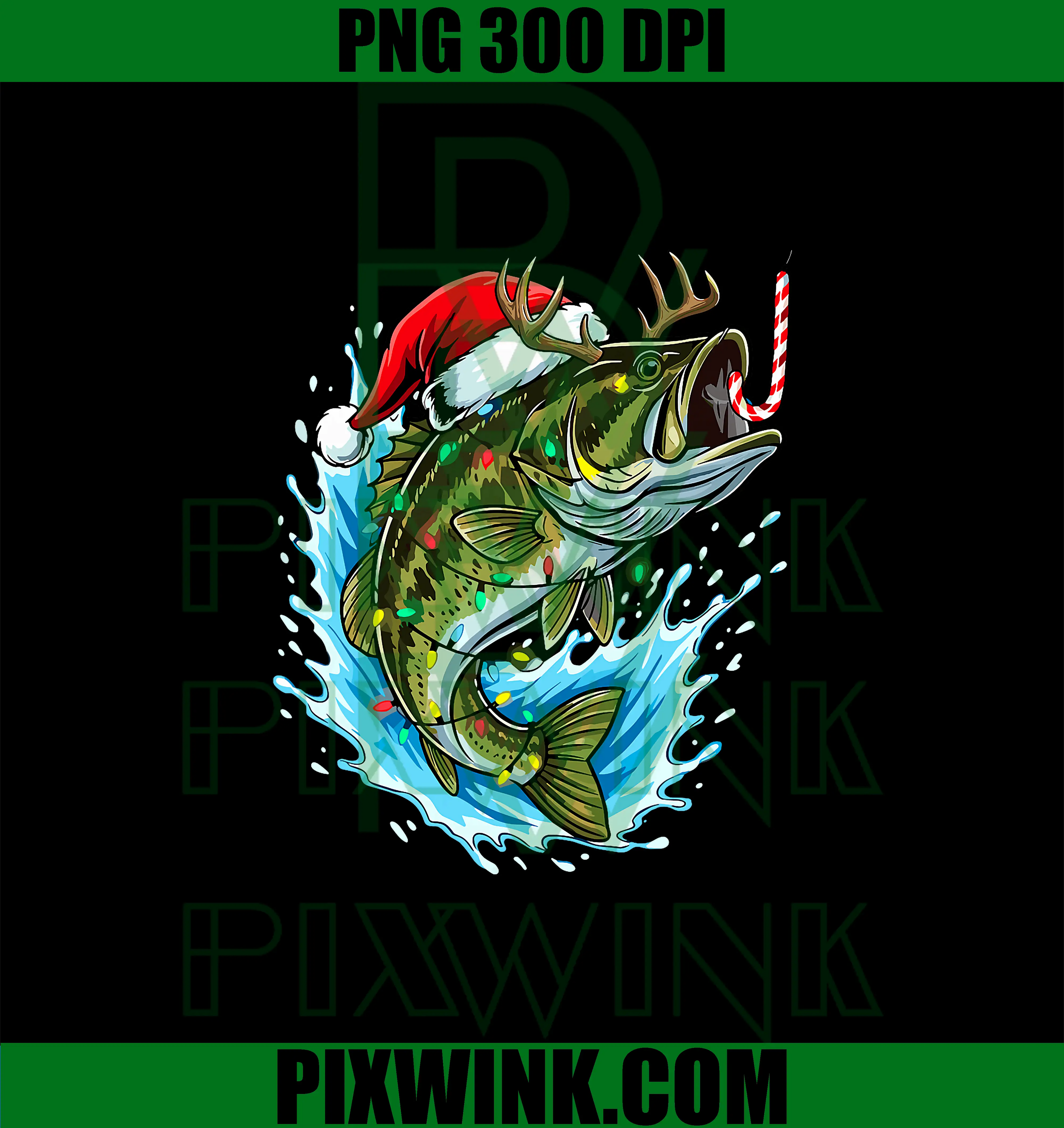 Christmas Bass Fishing Lights PNG, Xmas Santa Hat Fish PNG
