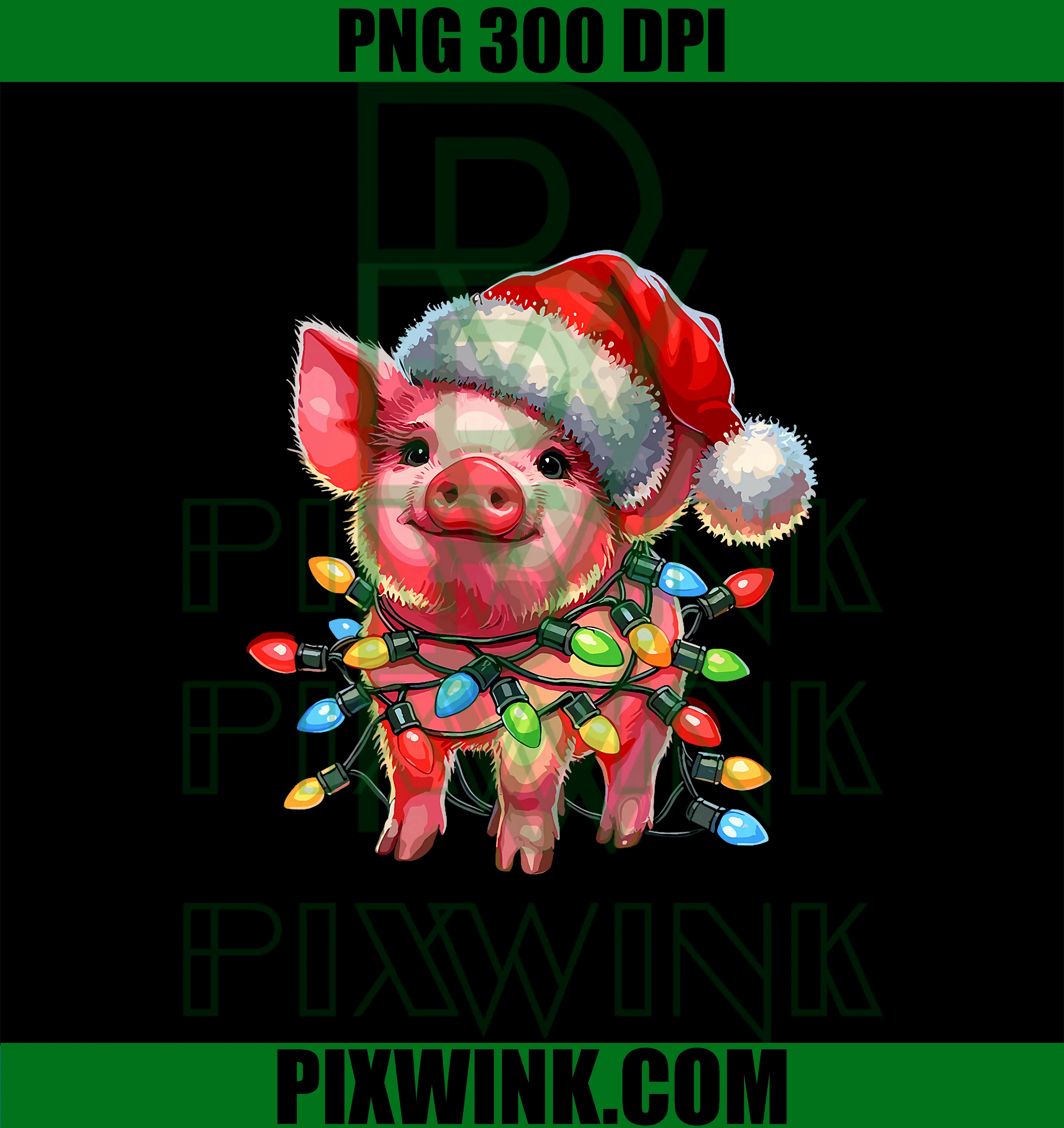 Cute Christmas Pig With Lights PNG, Festive Holiday Pig Art PNG