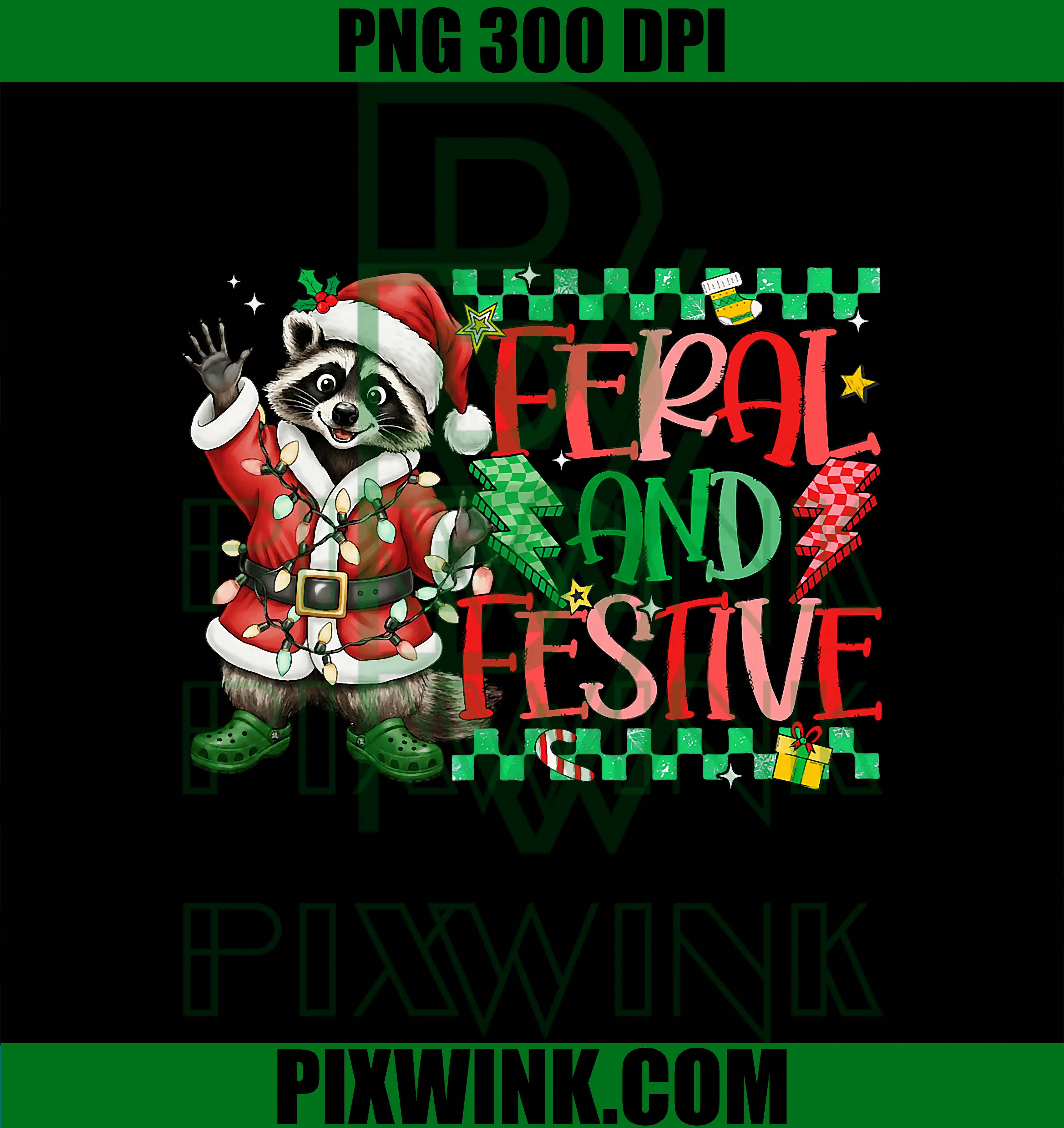 Christmas Lights Feral But Festive PNG, Funny Raccoon Santa Hat PNG