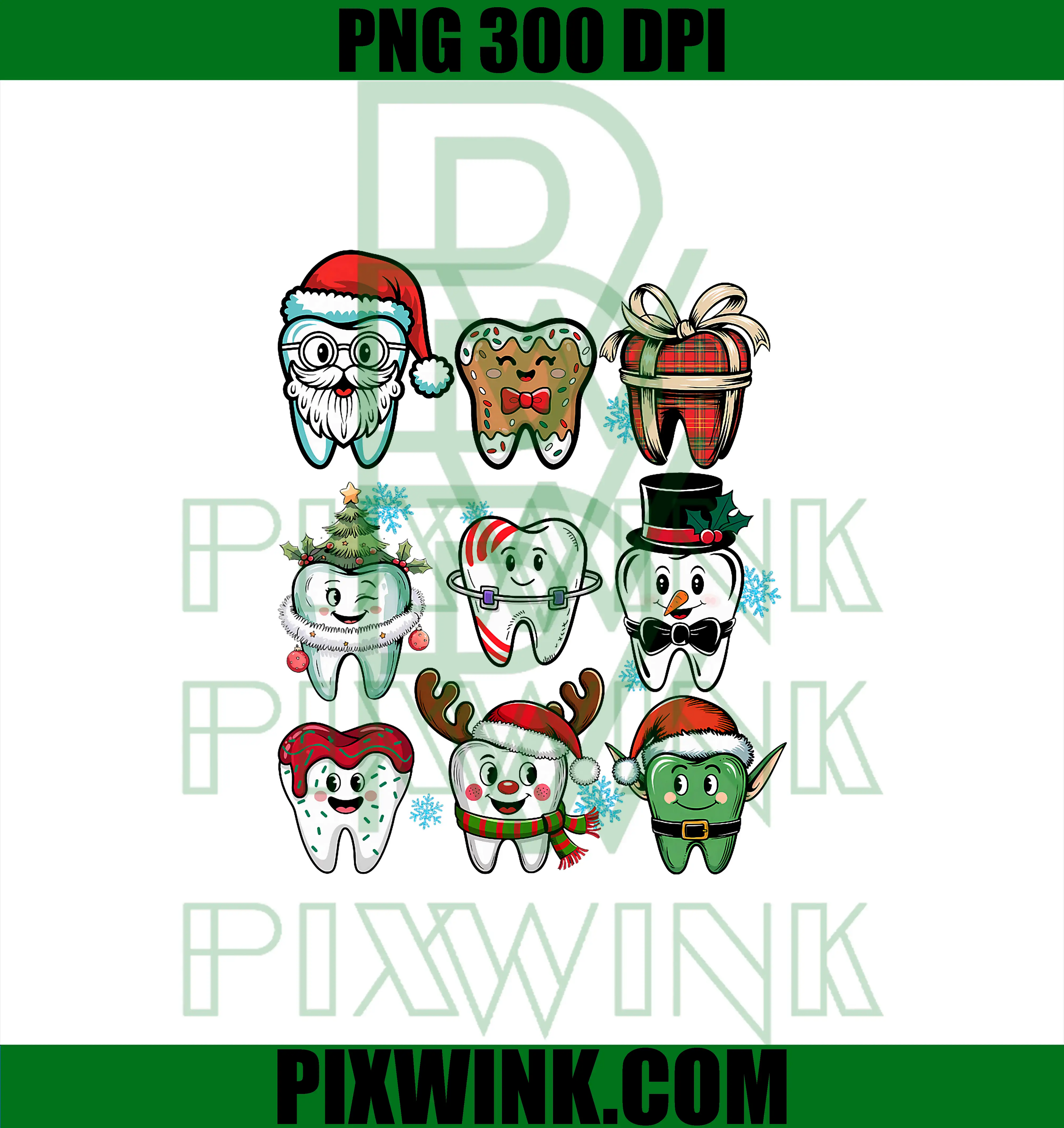 Christmas Dental Teeth Characters PNG, Cute Dentist Holiday Teeth Set PNG